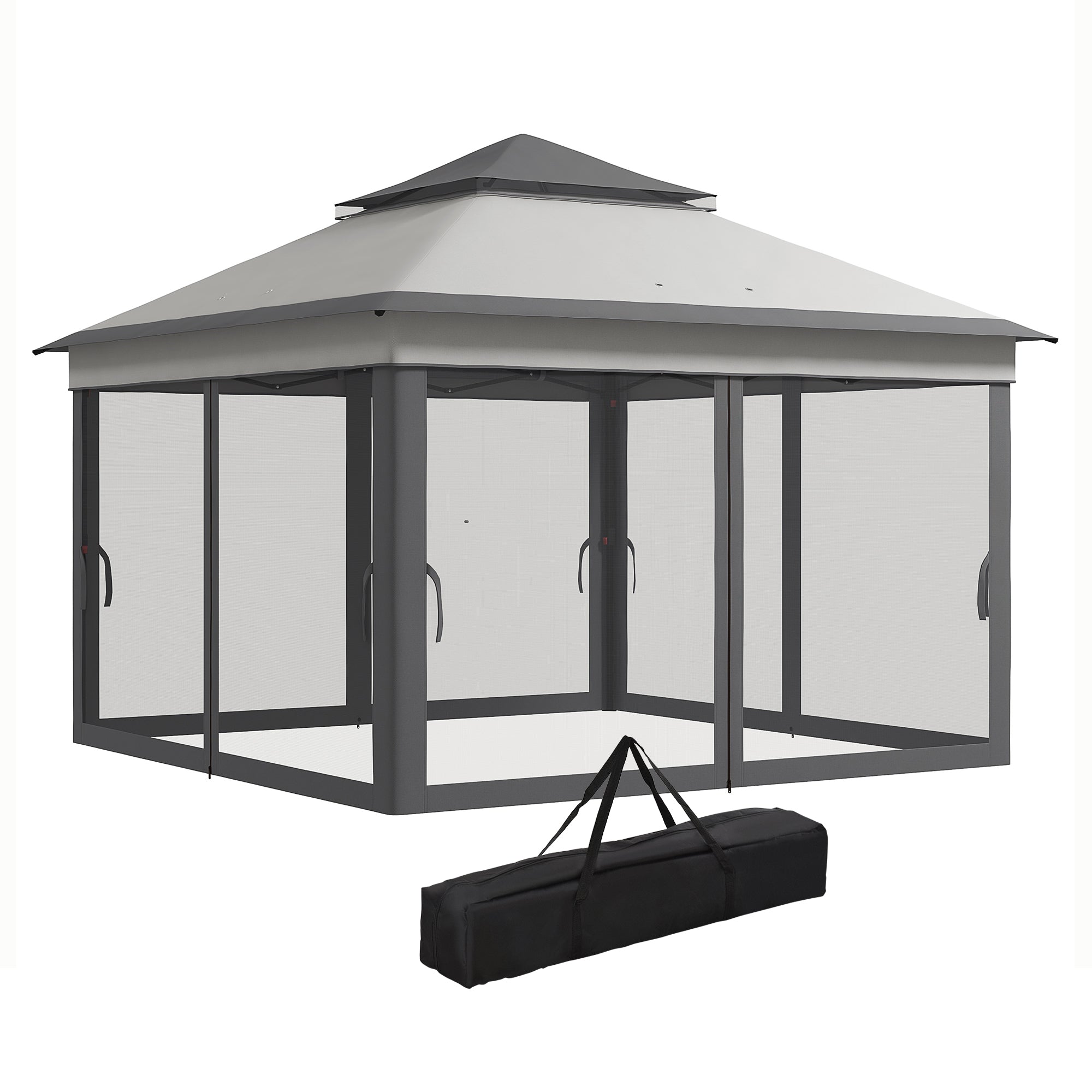 Outsunny 10.7 x 10.7ft Pop Up Camping Gazebo, Height Adjustable Instant Sun Shelter with UV30+ Roof Cover, Removable Mesh Curtains and Carrying Bag for Patio, Backyard, Light Grey