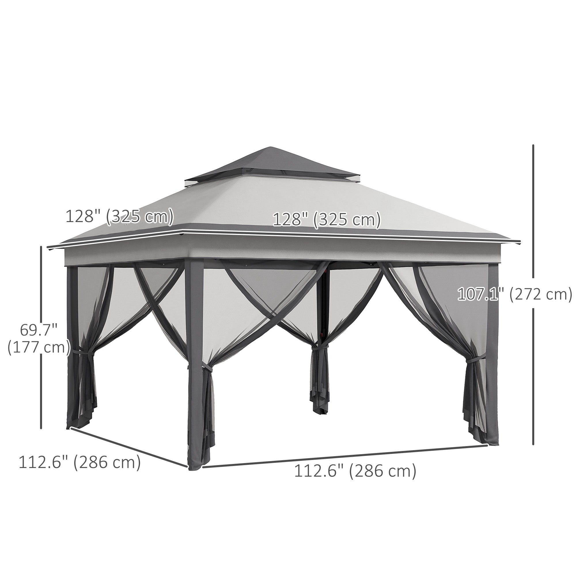 Outsunny 10.7 x 10.7ft Pop Up Camping Gazebo, Height Adjustable Instant Sun Shelter with UV30+ Roof Cover, Removable Mesh Curtains and Carrying Bag for Patio, Backyard, Light Grey