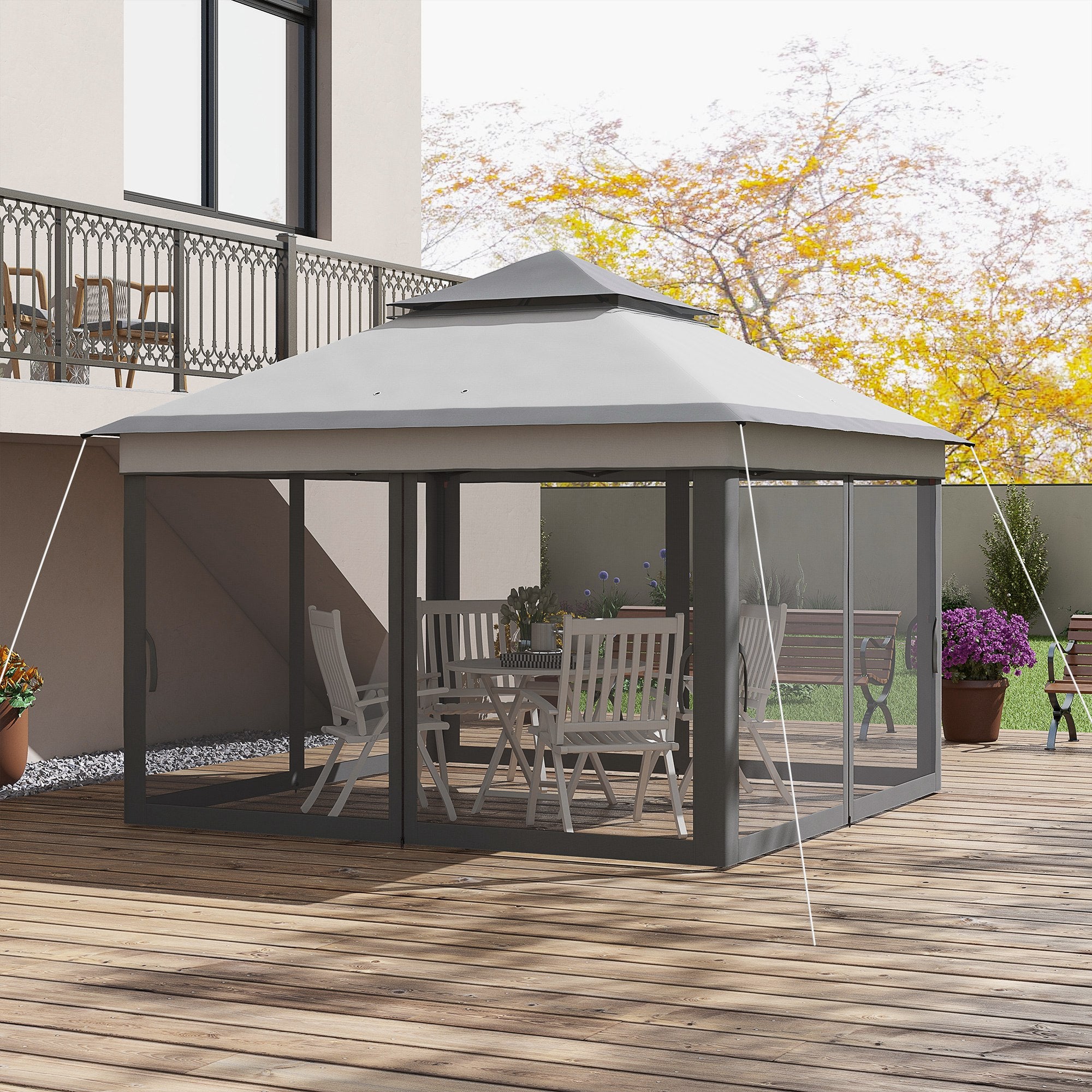 Outsunny 10.7 x 10.7ft Pop Up Camping Gazebo, Height Adjustable Instant Sun Shelter with UV30+ Roof Cover, Removable Mesh Curtains and Carrying Bag for Patio, Backyard, Light Grey