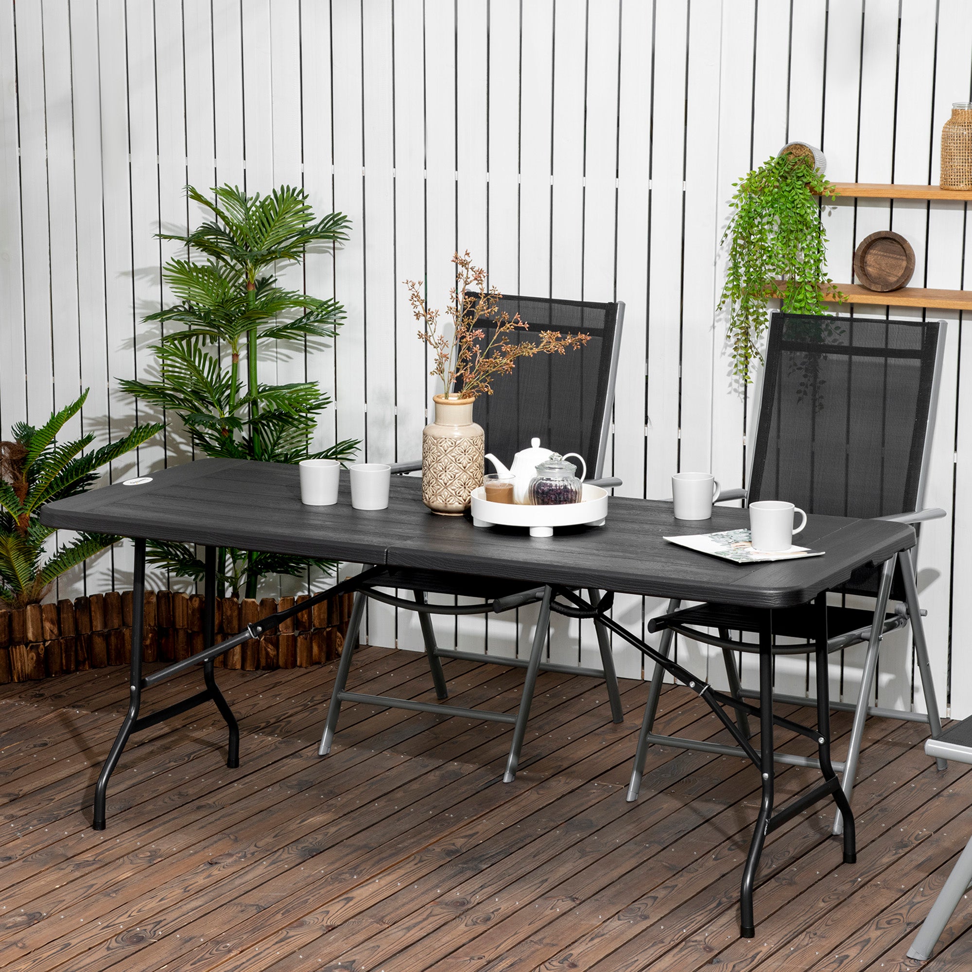 Outsunny 6 FT Folding Outdoor Dining Table for 6, Rectangular Foldable Patio Table with HDPE Tabletop and Steel Frame, Dark Grey