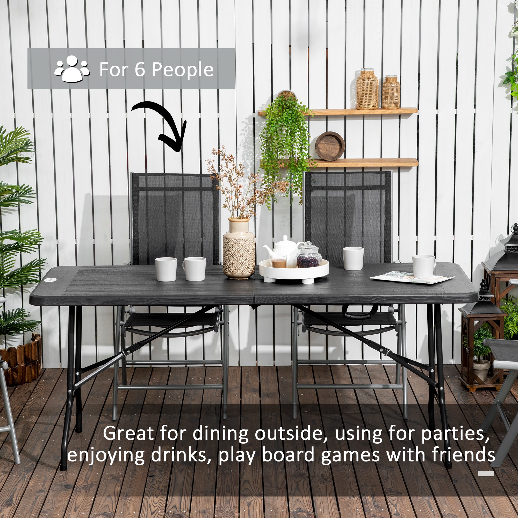Outsunny 6 FT Folding Outdoor Dining Table for 6, Rectangular Foldable Patio Table with HDPE Tabletop and Steel Frame, Dark Grey