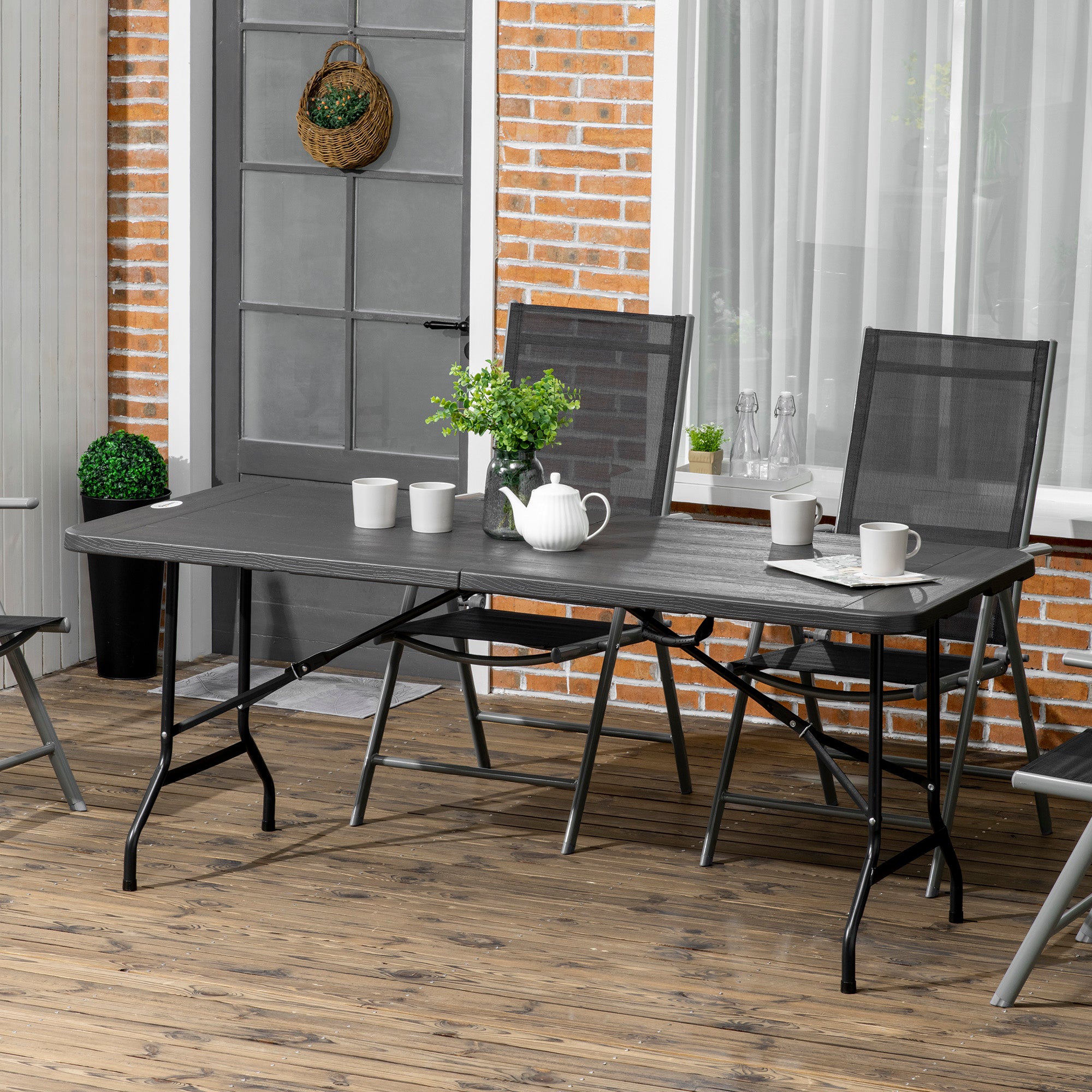 Outsunny 6 FT Folding Outdoor Dining Table for 6, Rectangular Foldable Patio Table with HDPE Tabletop and Steel Frame, Dark Grey
