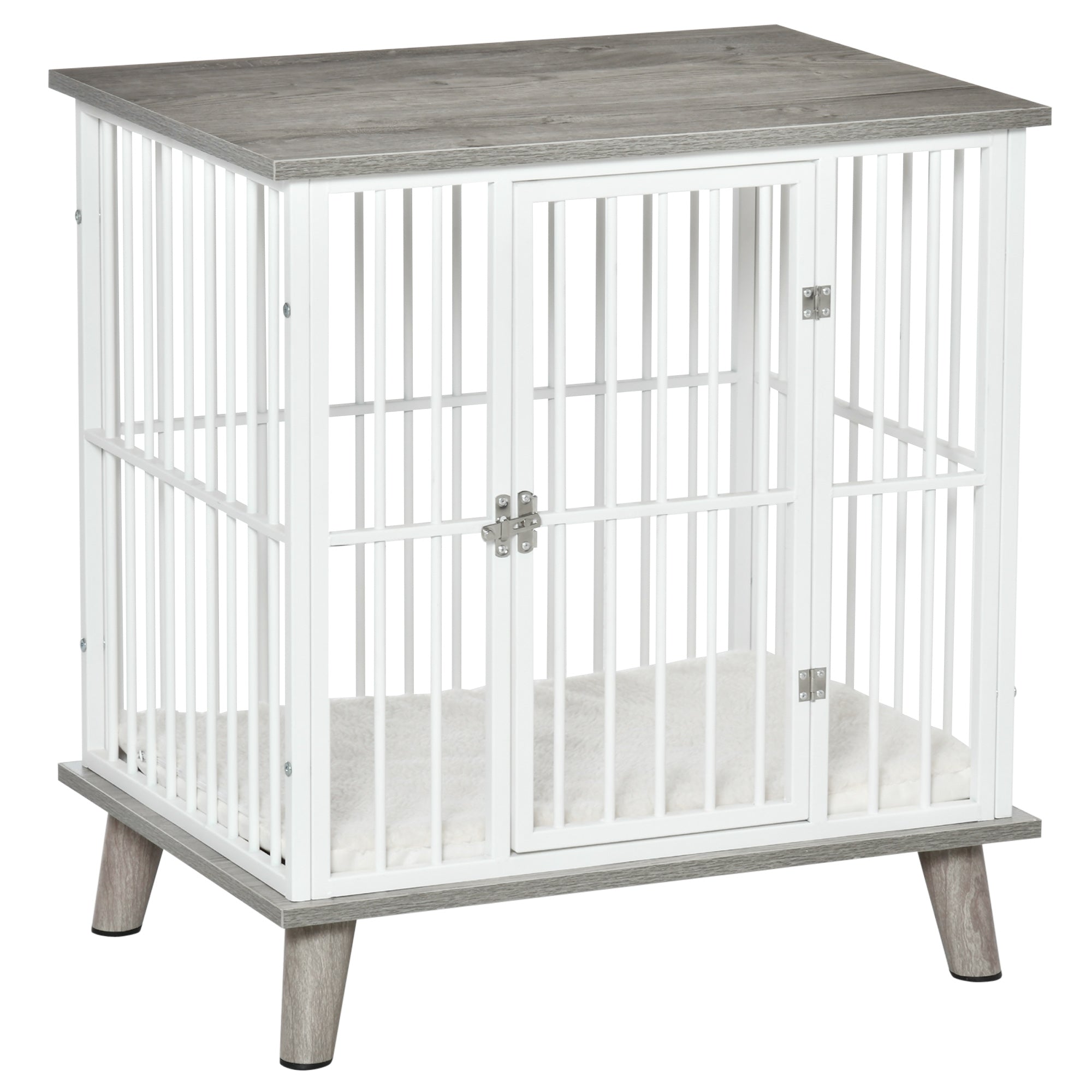 PawHut Dog Crate, Furniture Style Pet Cage Kennel, End Table, Decorative Dog House, with Soft Cushion, Wooden Top, Door, for Small Dogs, Indoor Use, Grey