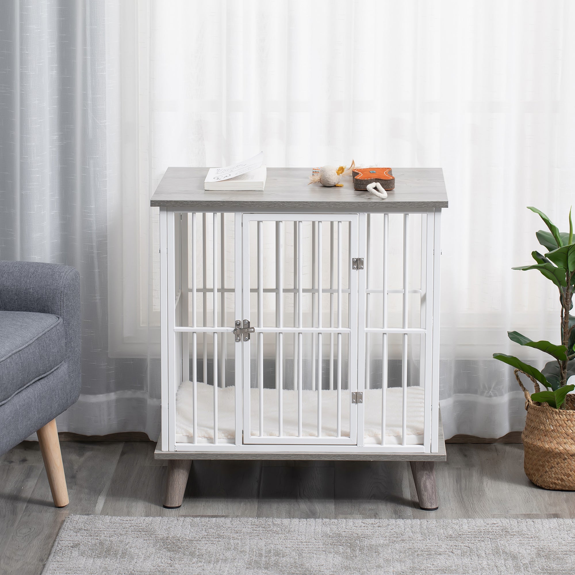 PawHut Dog Crate, Furniture Style Pet Cage Kennel, End Table, Decorative Dog House, with Soft Cushion, Wooden Top, Door, for Small Dogs, Indoor Use, Grey