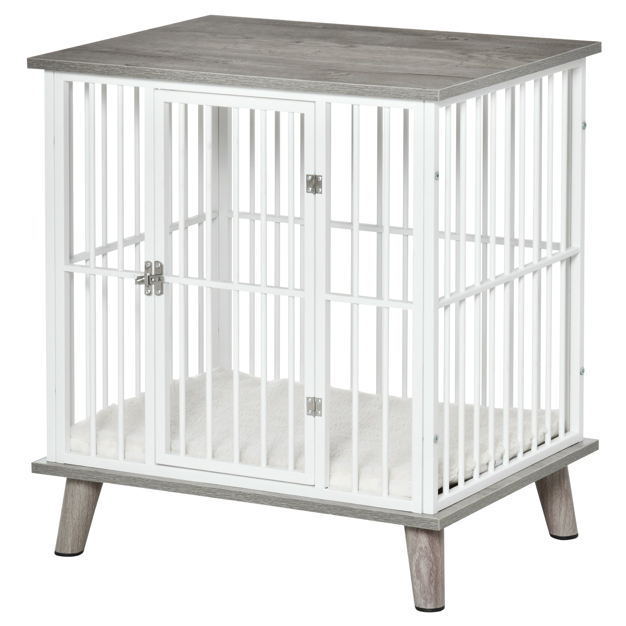PawHut Dog Crate, Furniture Style Pet Cage Kennel, End Table, Decorative Dog House, with Soft Cushion, Wooden Top, Door, for Small Dogs, Indoor Use, Grey