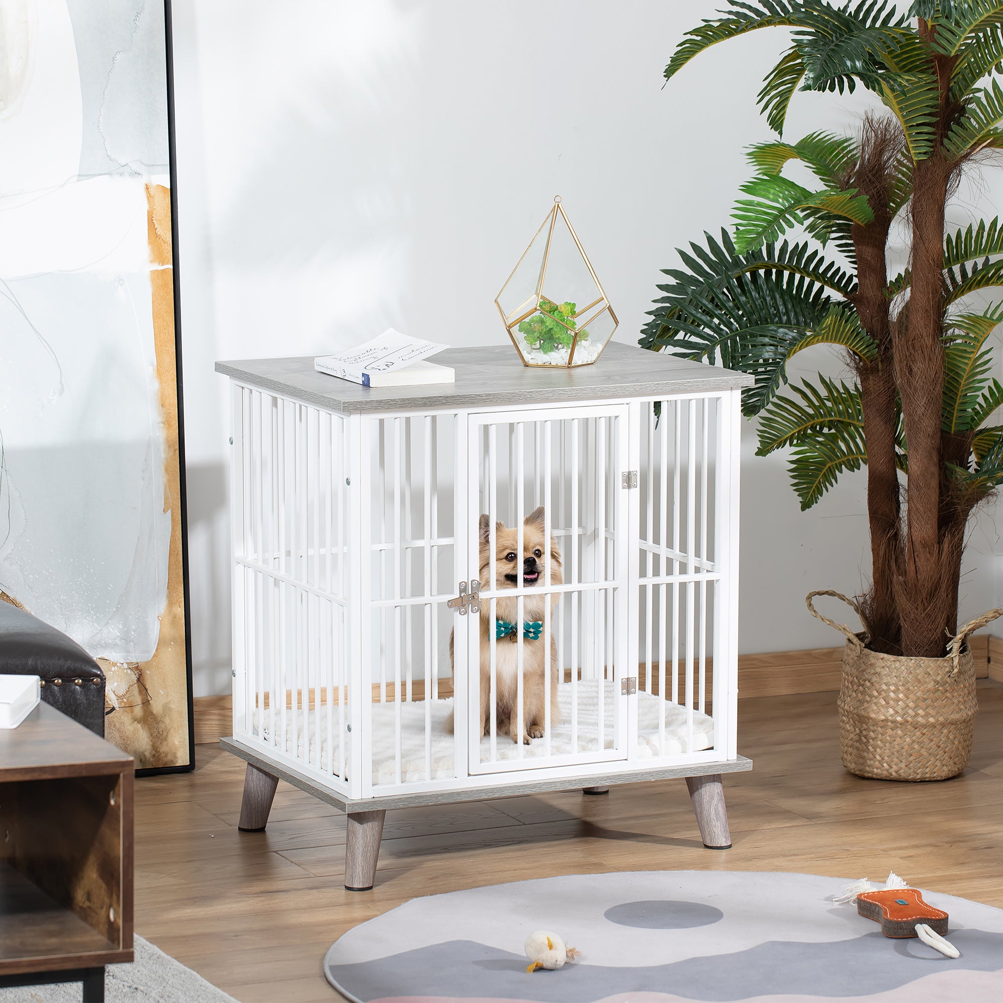 PawHut Dog Crate, Furniture Style Pet Cage Kennel, End Table, Decorative Dog House, with Soft Cushion, Wooden Top, Door, for Small Dogs, Indoor Use, Grey