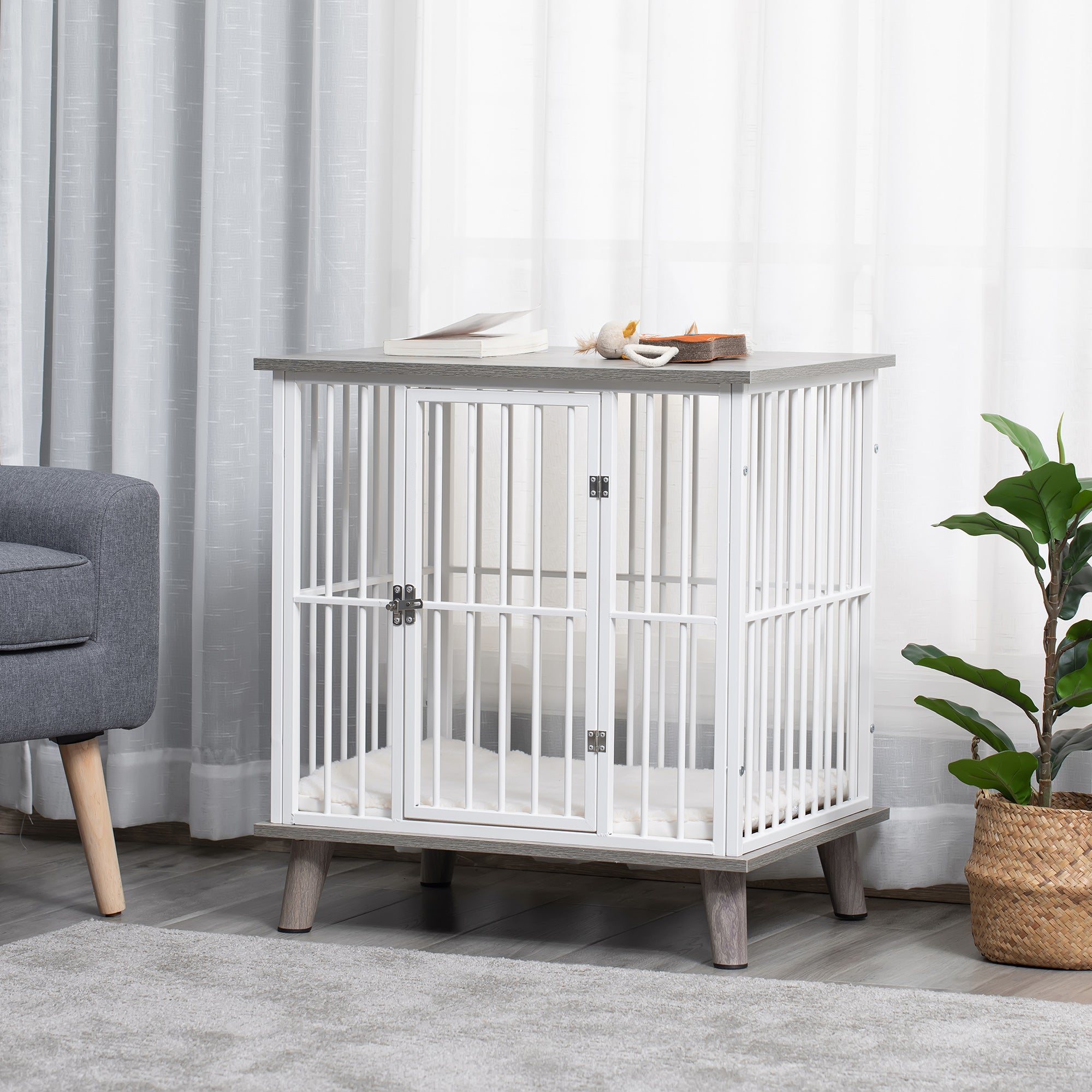 PawHut Dog Crate, Furniture Style Pet Cage Kennel, End Table, Decorative Dog House, with Soft Cushion, Wooden Top, Door, for Small Dogs, Indoor Use, Grey
