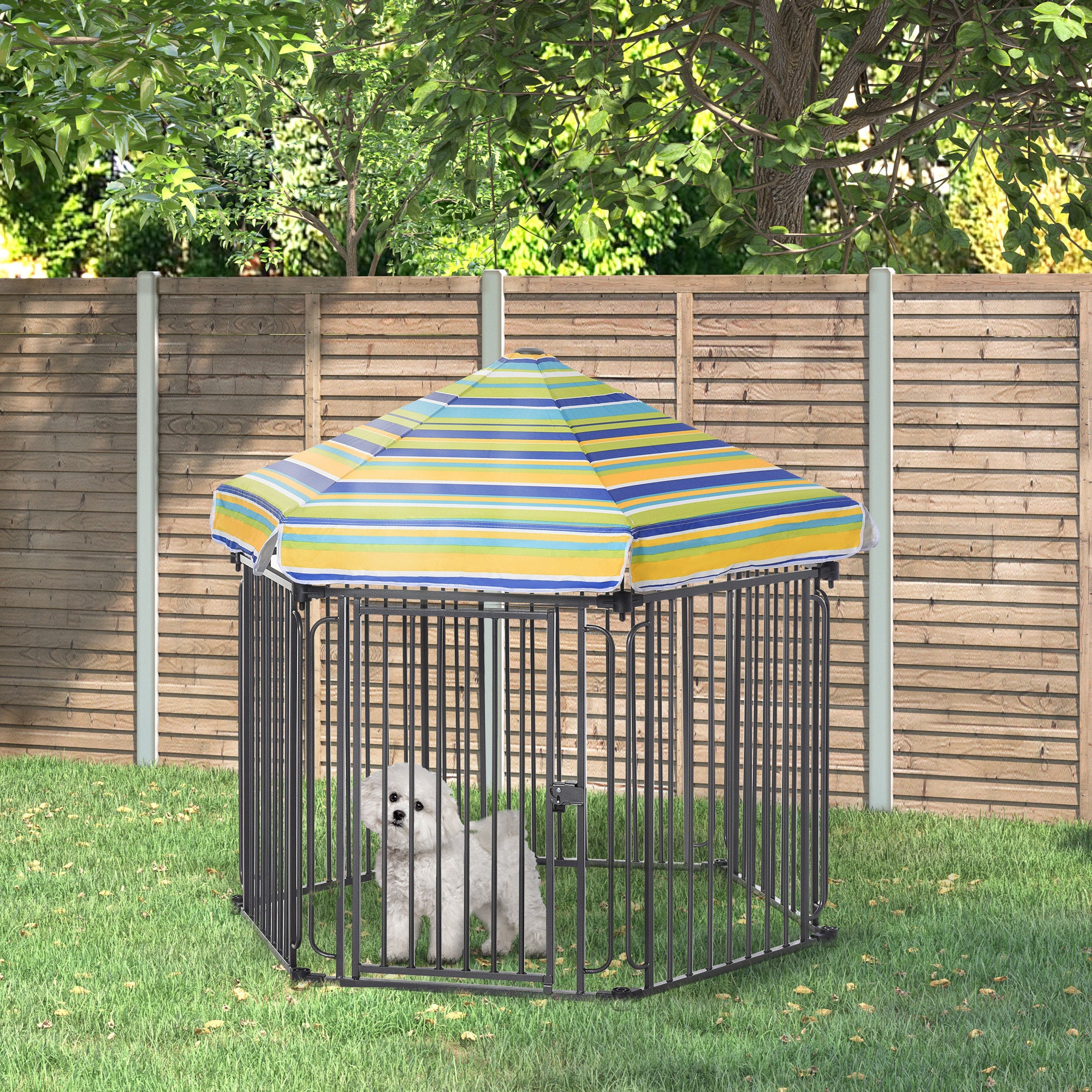 PawHut Heavy-Duty Metal Dog Playpen, Outdoor Pet Cage Kennel, Indoor Puppy Exercise Fence Barrier with Weather-Resistant Polyester Roof, Locking Door, 48"L x 41"W x 47"H