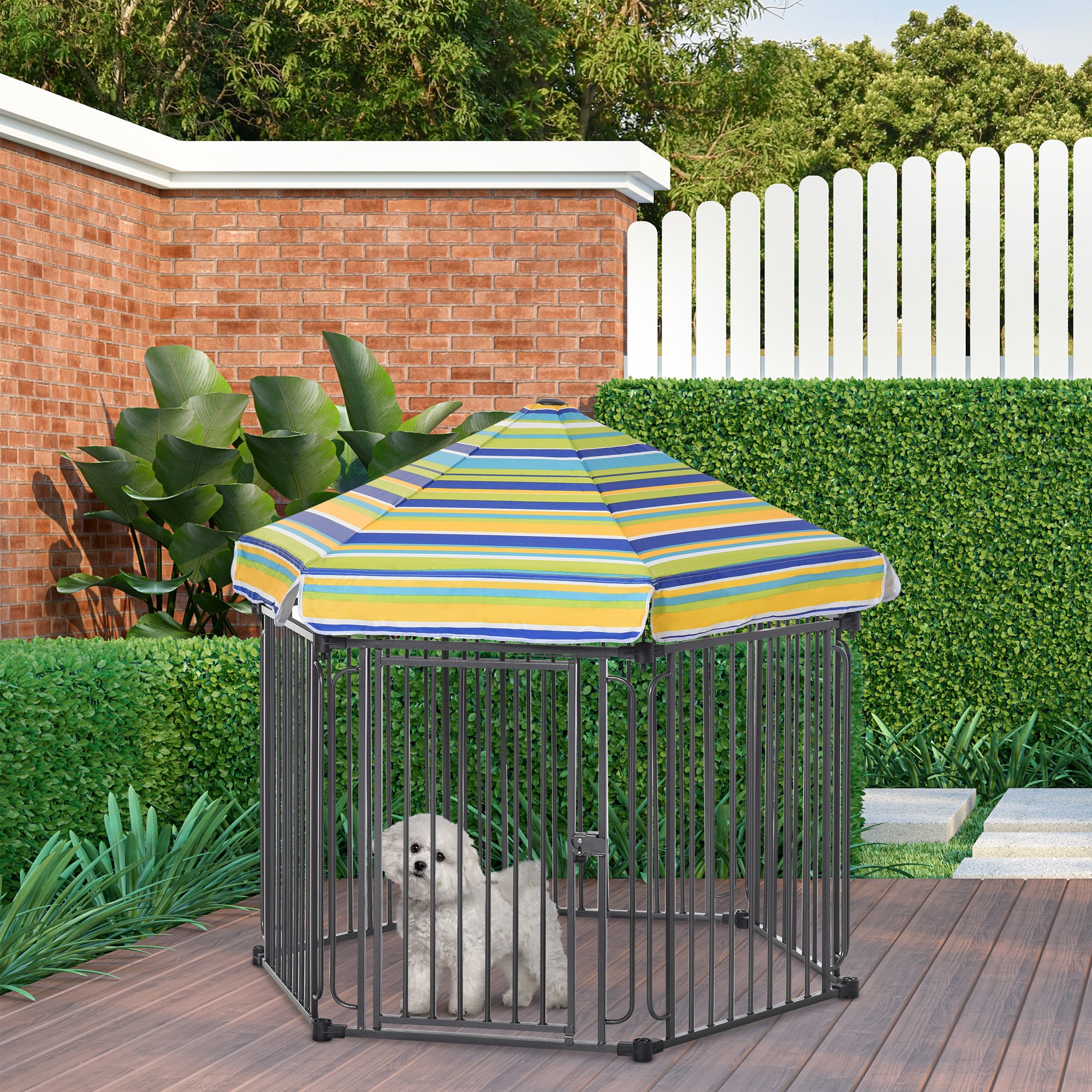 PawHut Heavy-Duty Metal Dog Playpen, Outdoor Pet Cage Kennel, Indoor Puppy Exercise Fence Barrier with Weather-Resistant Polyester Roof, Locking Door, 48"L x 41"W x 47"H