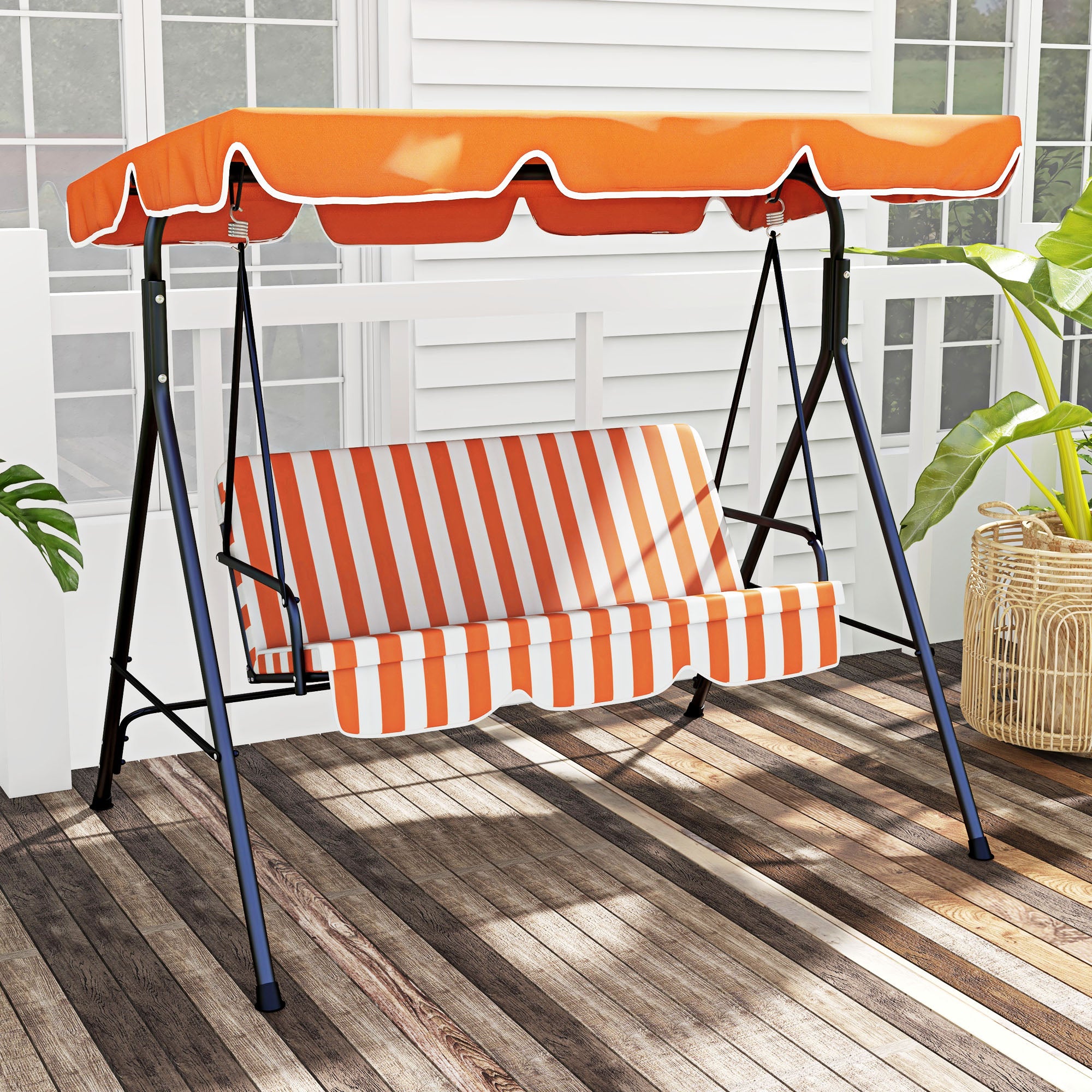 Outsunny 3-Seat Patio Swing Chair, Outdoor Porch Swing Glider with Adjustable Canopy, Removable Cushion, and Weather Resistant Steel Frame, for Garden, Poolside, Backyard, Orange