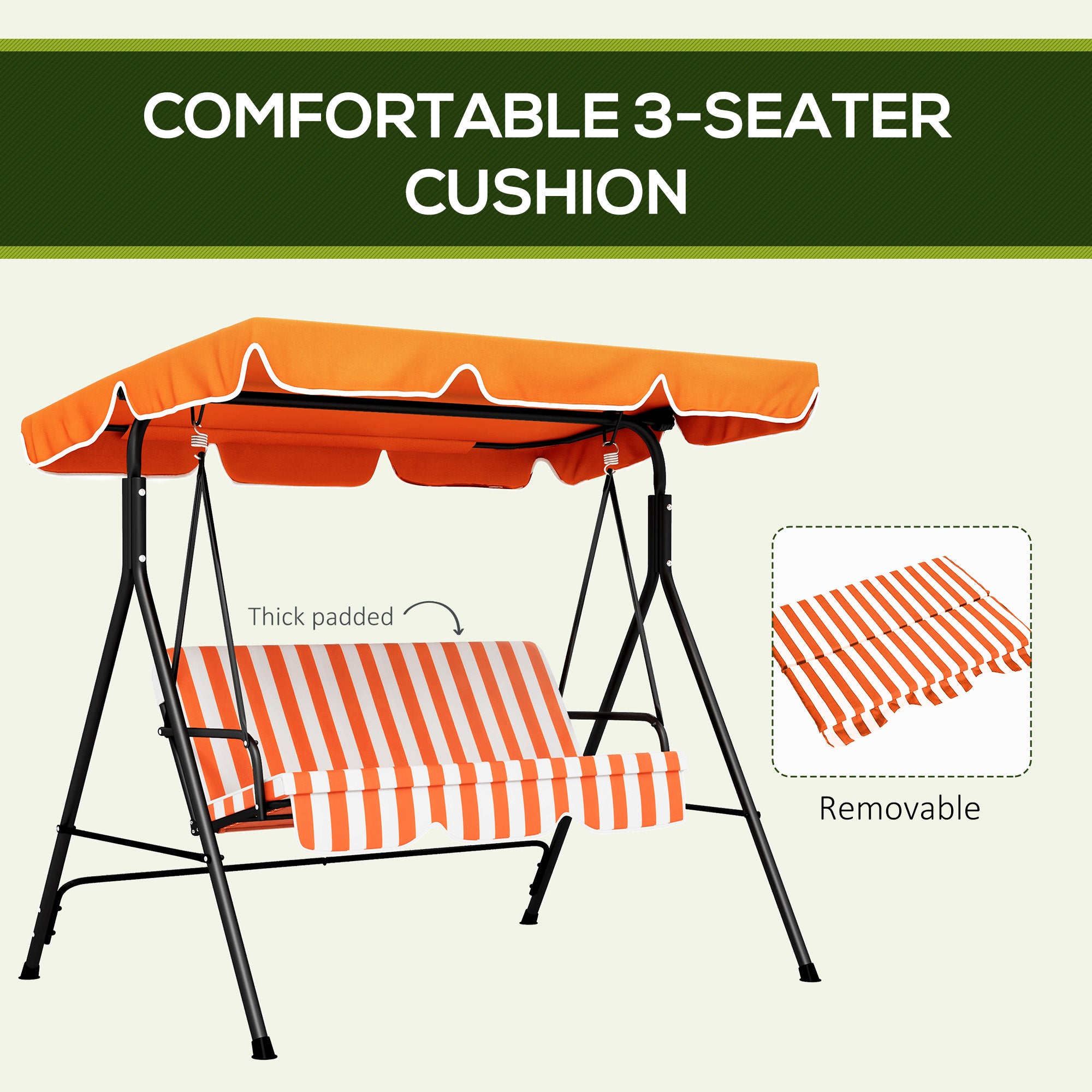 Outsunny 3-Seat Patio Swing Chair, Outdoor Porch Swing Glider with Adjustable Canopy, Removable Cushion, and Weather Resistant Steel Frame, for Garden, Poolside, Backyard, Orange