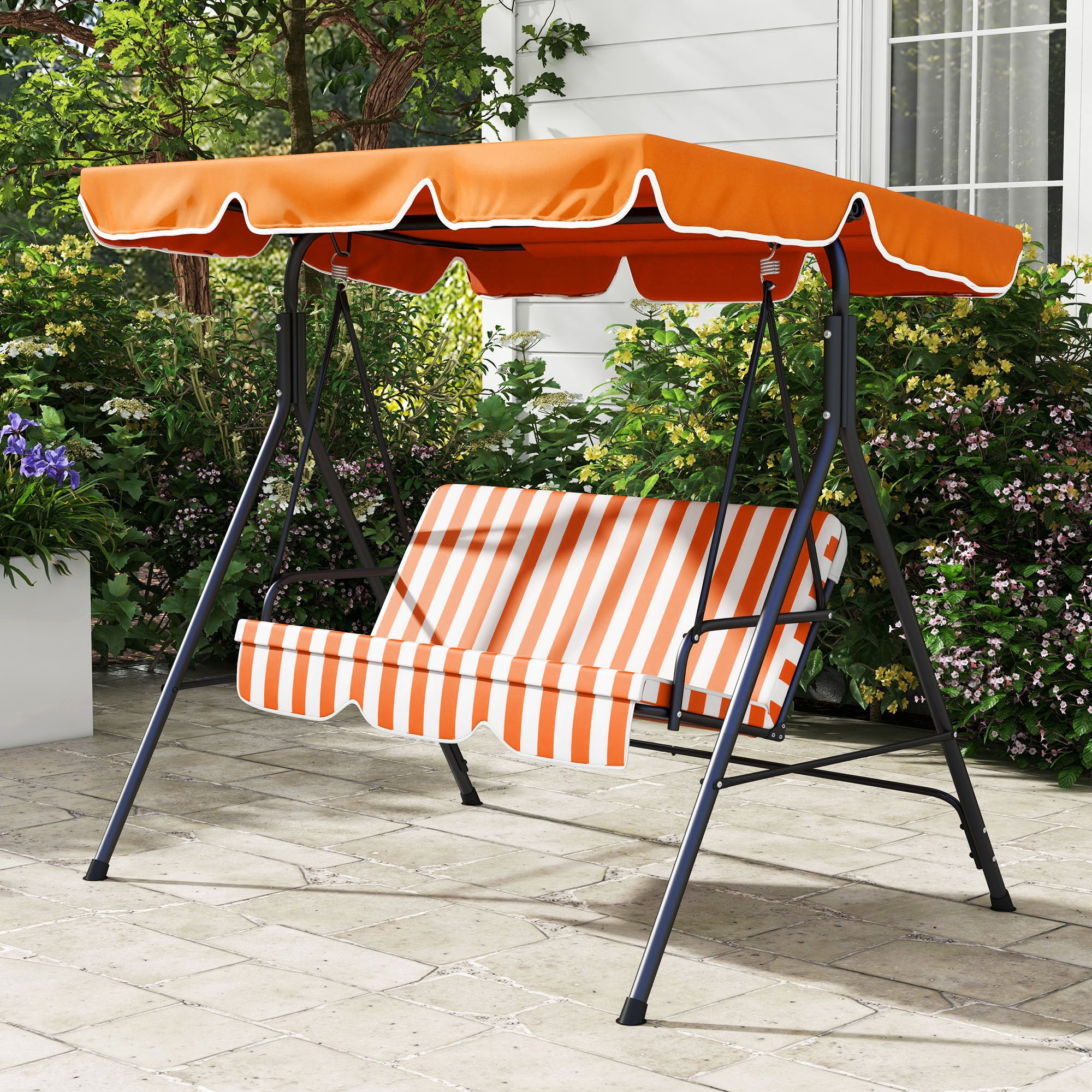 Outsunny 3-Seat Patio Swing Chair, Outdoor Porch Swing Glider with Adjustable Canopy, Removable Cushion, and Weather Resistant Steel Frame, for Garden, Poolside, Backyard, Orange