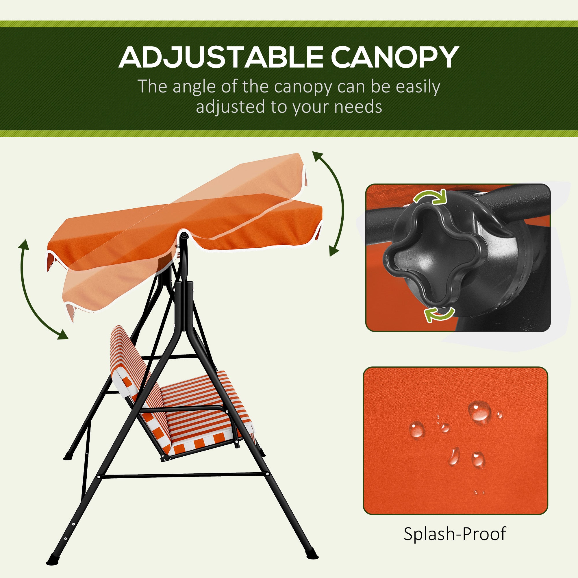 Outsunny 3-Seat Patio Swing Chair, Outdoor Porch Swing Glider with Adjustable Canopy, Removable Cushion, and Weather Resistant Steel Frame, for Garden, Poolside, Backyard, Orange