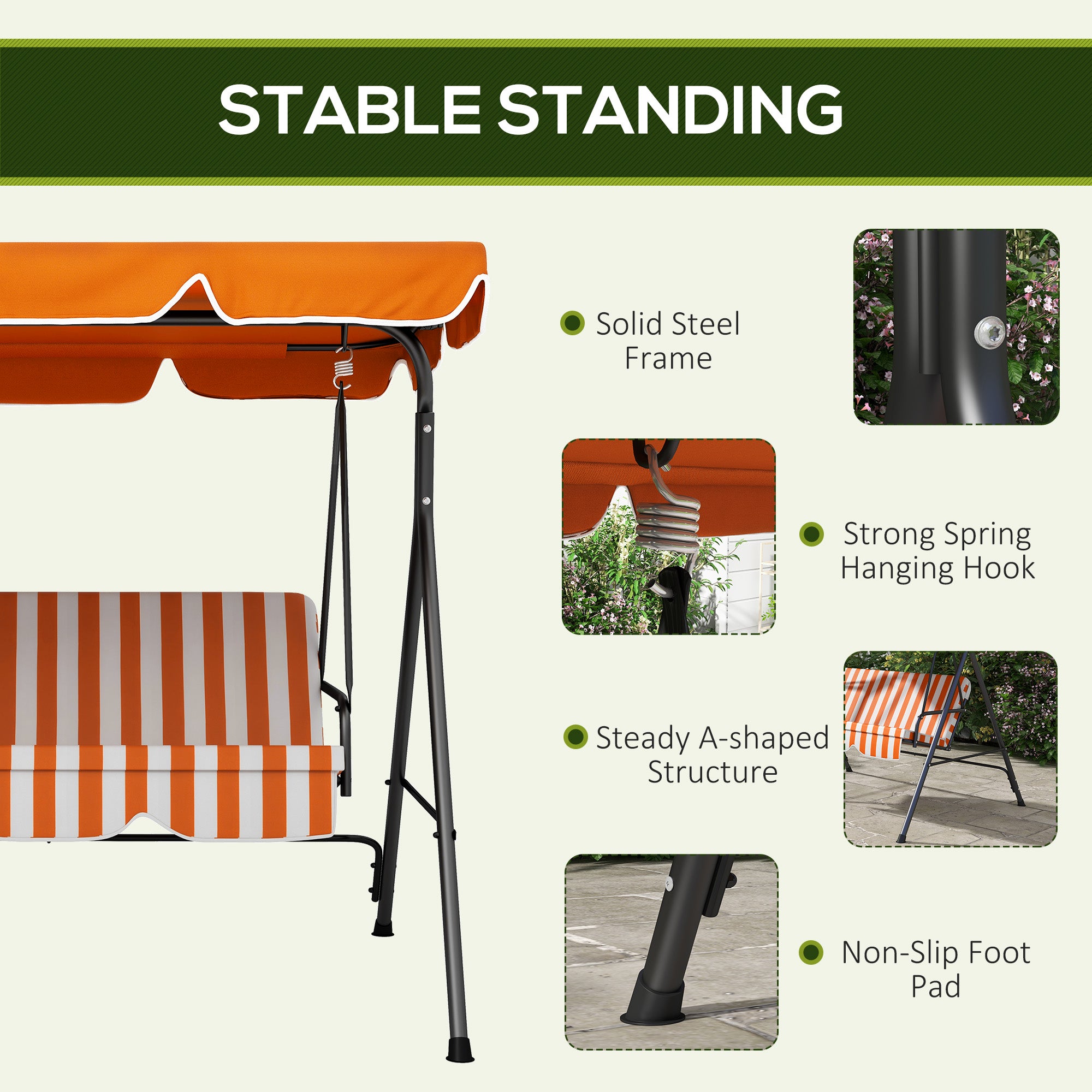 Outsunny 3-Seat Patio Swing Chair, Outdoor Porch Swing Glider with Adjustable Canopy, Removable Cushion, and Weather Resistant Steel Frame, for Garden, Poolside, Backyard, Orange