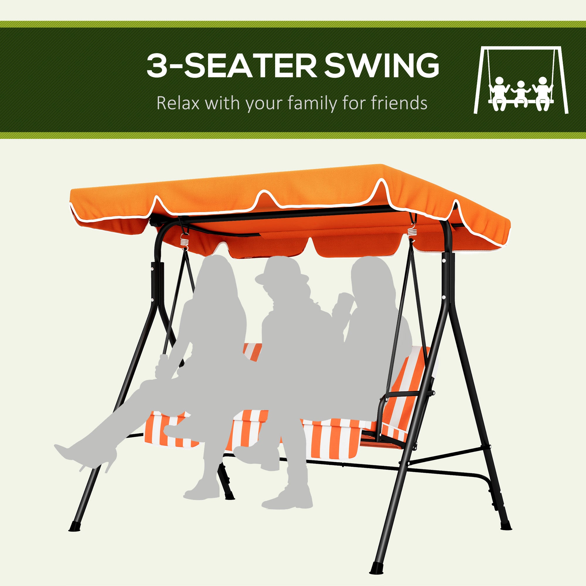 Outsunny 3-Seat Patio Swing Chair, Outdoor Porch Swing Glider with Adjustable Canopy, Removable Cushion, and Weather Resistant Steel Frame, for Garden, Poolside, Backyard, Orange