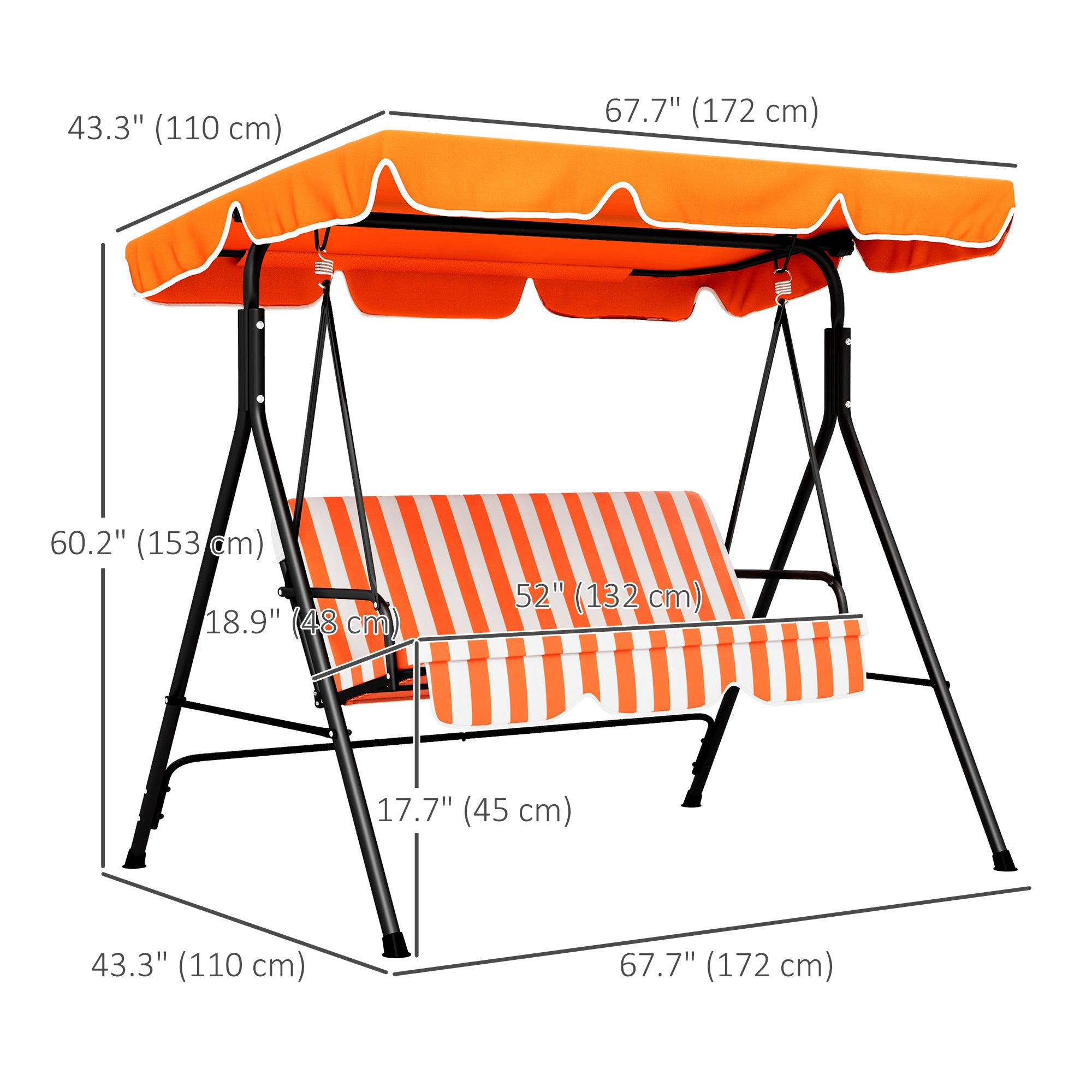 Outsunny 3-Seat Patio Swing Chair, Outdoor Porch Swing Glider with Adjustable Canopy, Removable Cushion, and Weather Resistant Steel Frame, for Garden, Poolside, Backyard, Orange