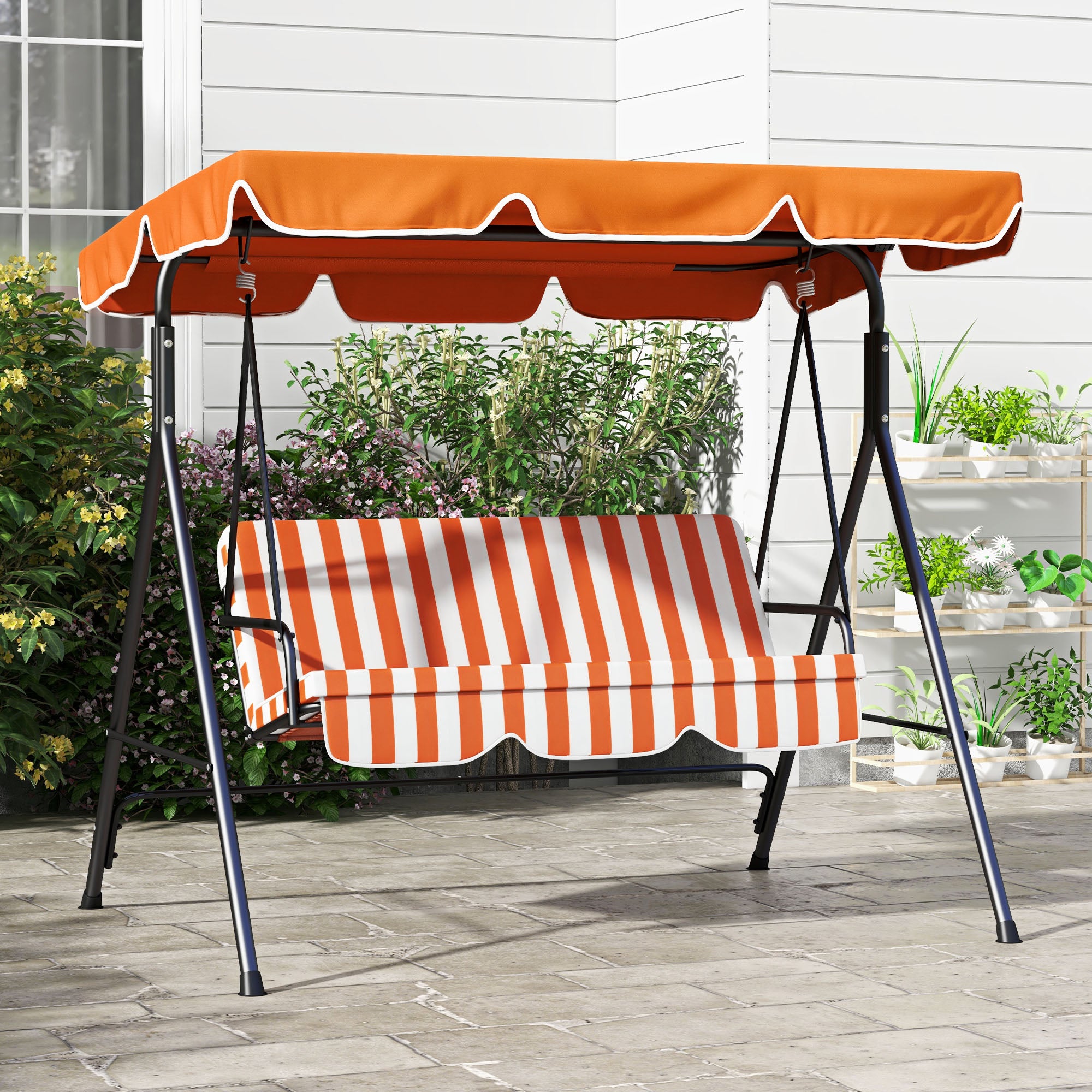 Outsunny 3-Seat Patio Swing Chair, Outdoor Porch Swing Glider with Adjustable Canopy, Removable Cushion, and Weather Resistant Steel Frame, for Garden, Poolside, Backyard, Orange
