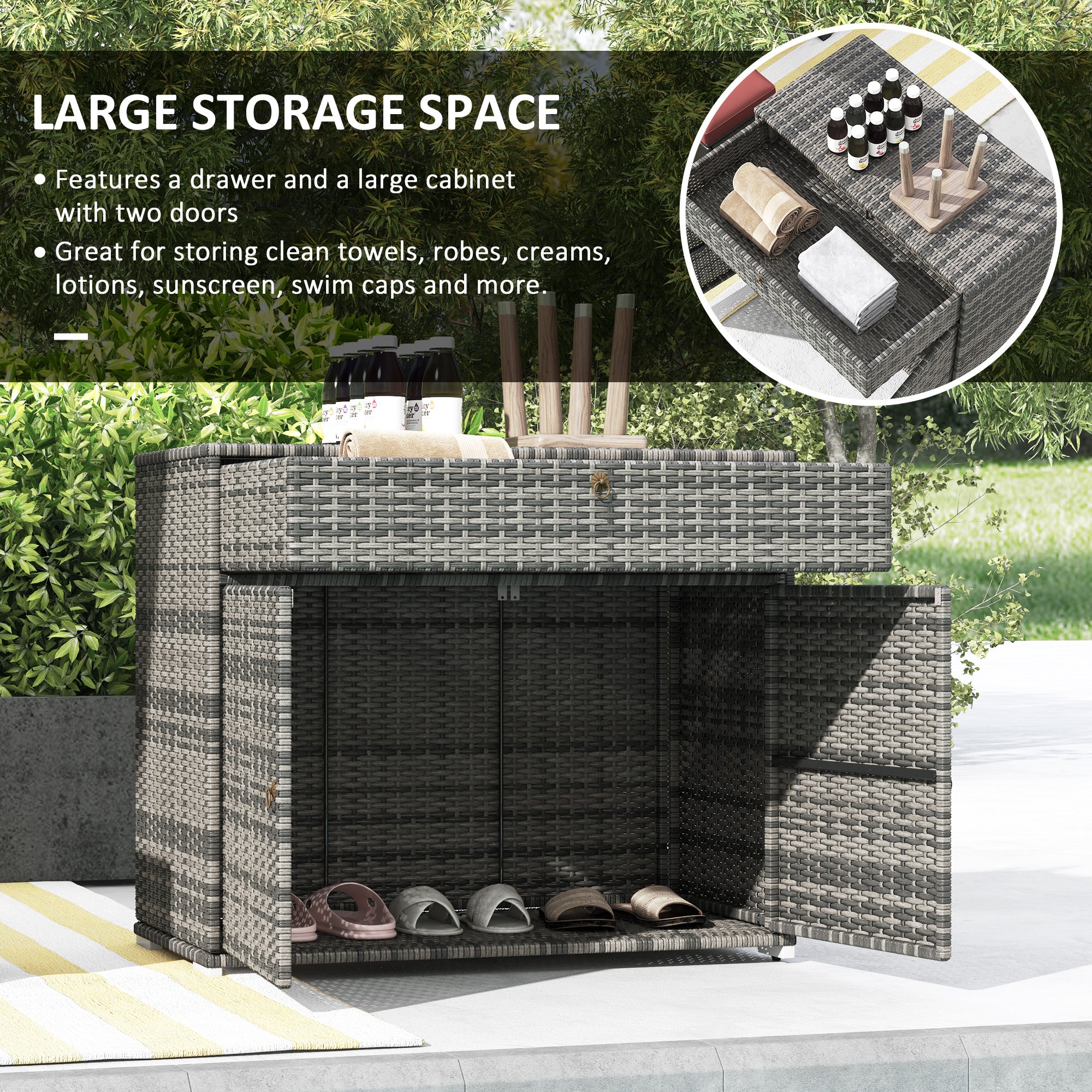 Outsunny Outdoor Storage Cabinet, Wicker 2-Door Pool Towel Storage Cabinet with Drawer, Freestanding PE Rattan Pool Organizer with Steel Frame for Garden, Porch, Patio, Grey