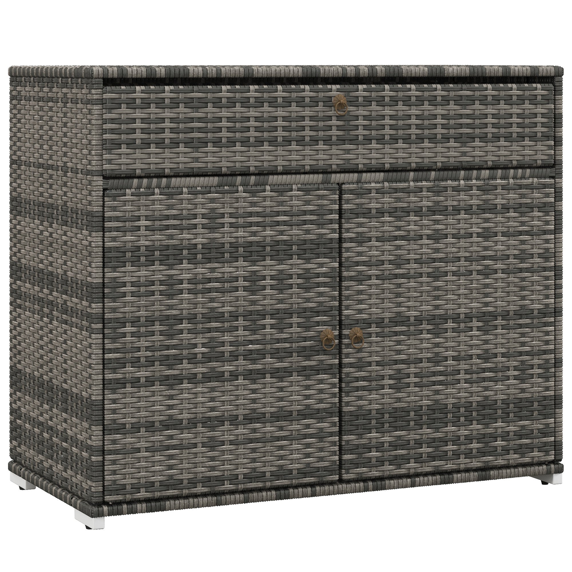 Outsunny Outdoor Storage Cabinet, Wicker 2-Door Pool Towel Storage Cabinet with Drawer, Freestanding PE Rattan Pool Organizer with Steel Frame for Garden, Porch, Patio, Grey