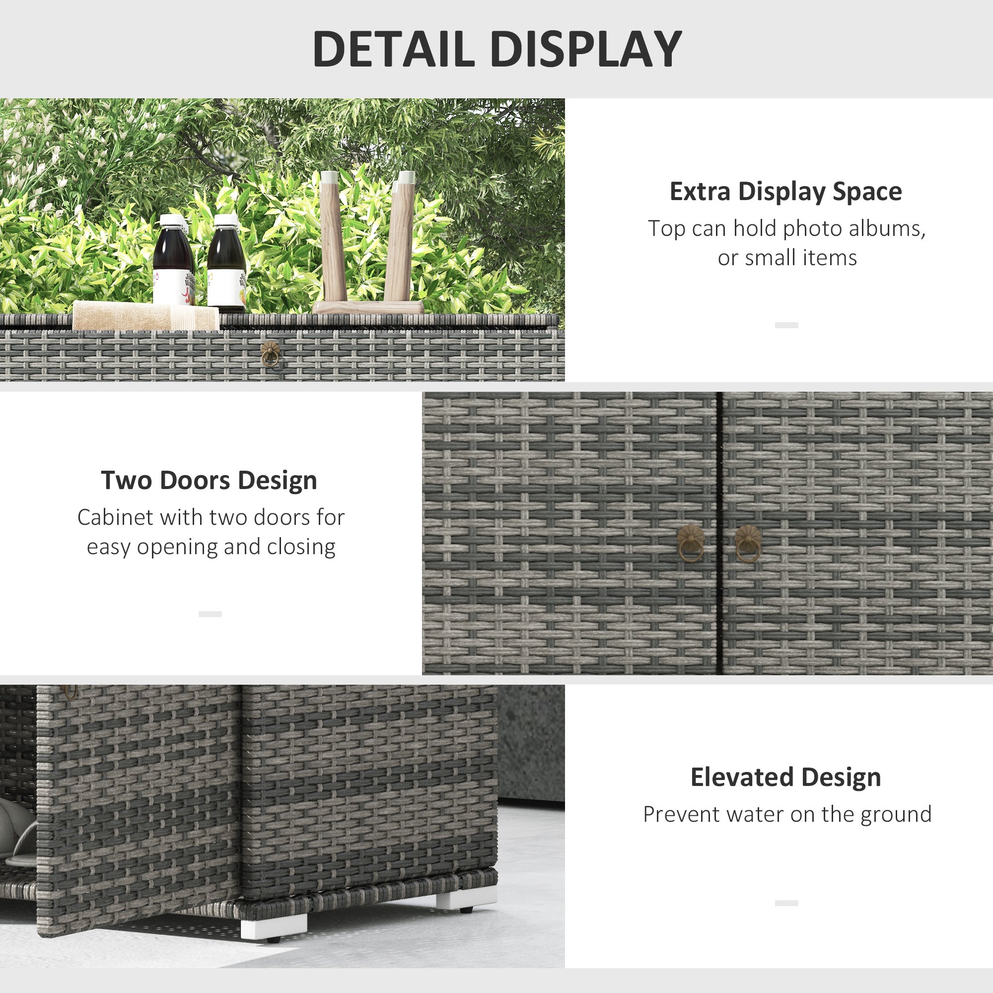 Outsunny Outdoor Storage Cabinet, Wicker 2-Door Pool Towel Storage Cabinet with Drawer, Freestanding PE Rattan Pool Organizer with Steel Frame for Garden, Porch, Patio, Grey