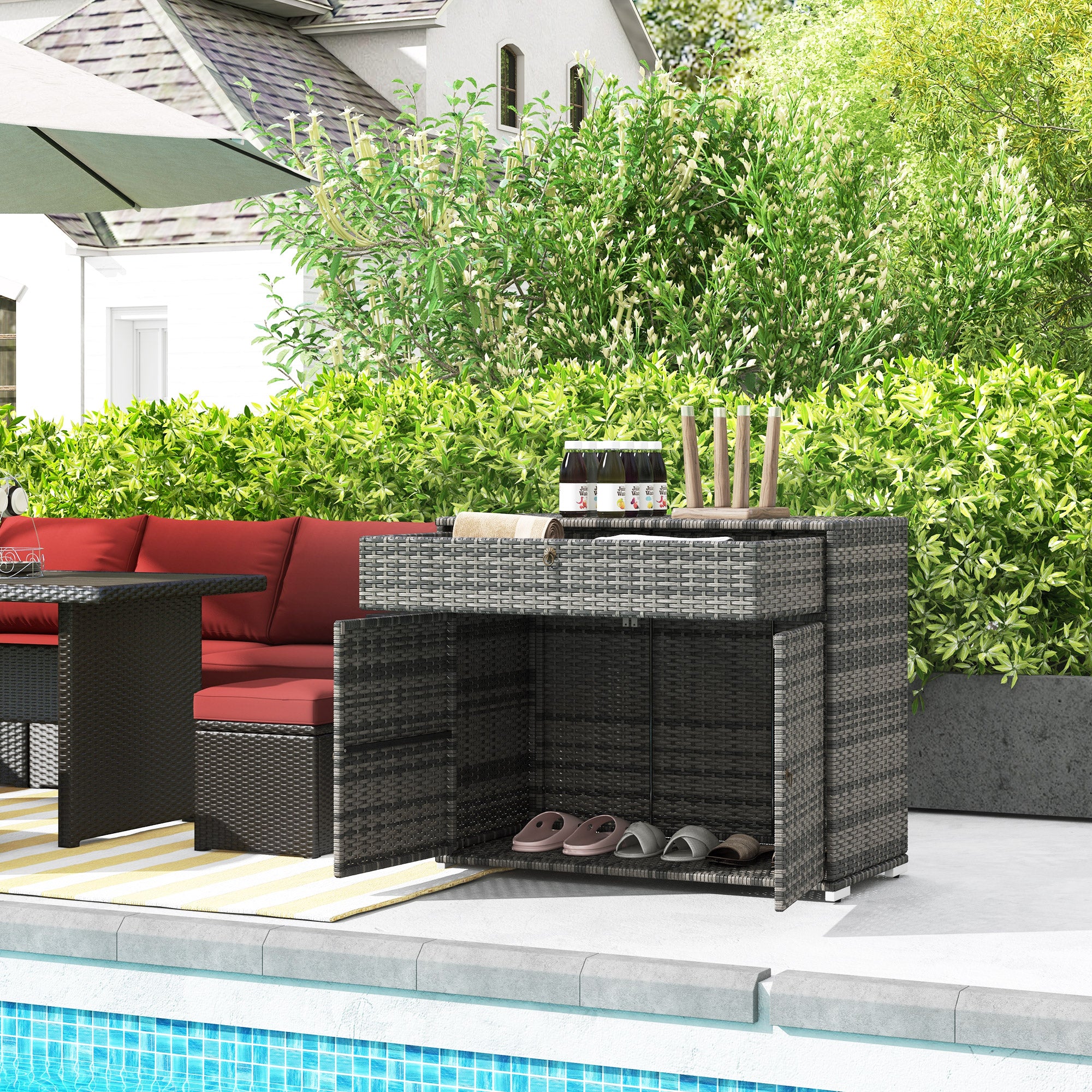 Outsunny Outdoor Storage Cabinet, Wicker 2-Door Pool Towel Storage Cabinet with Drawer, Freestanding PE Rattan Pool Organizer with Steel Frame for Garden, Porch, Patio, Grey