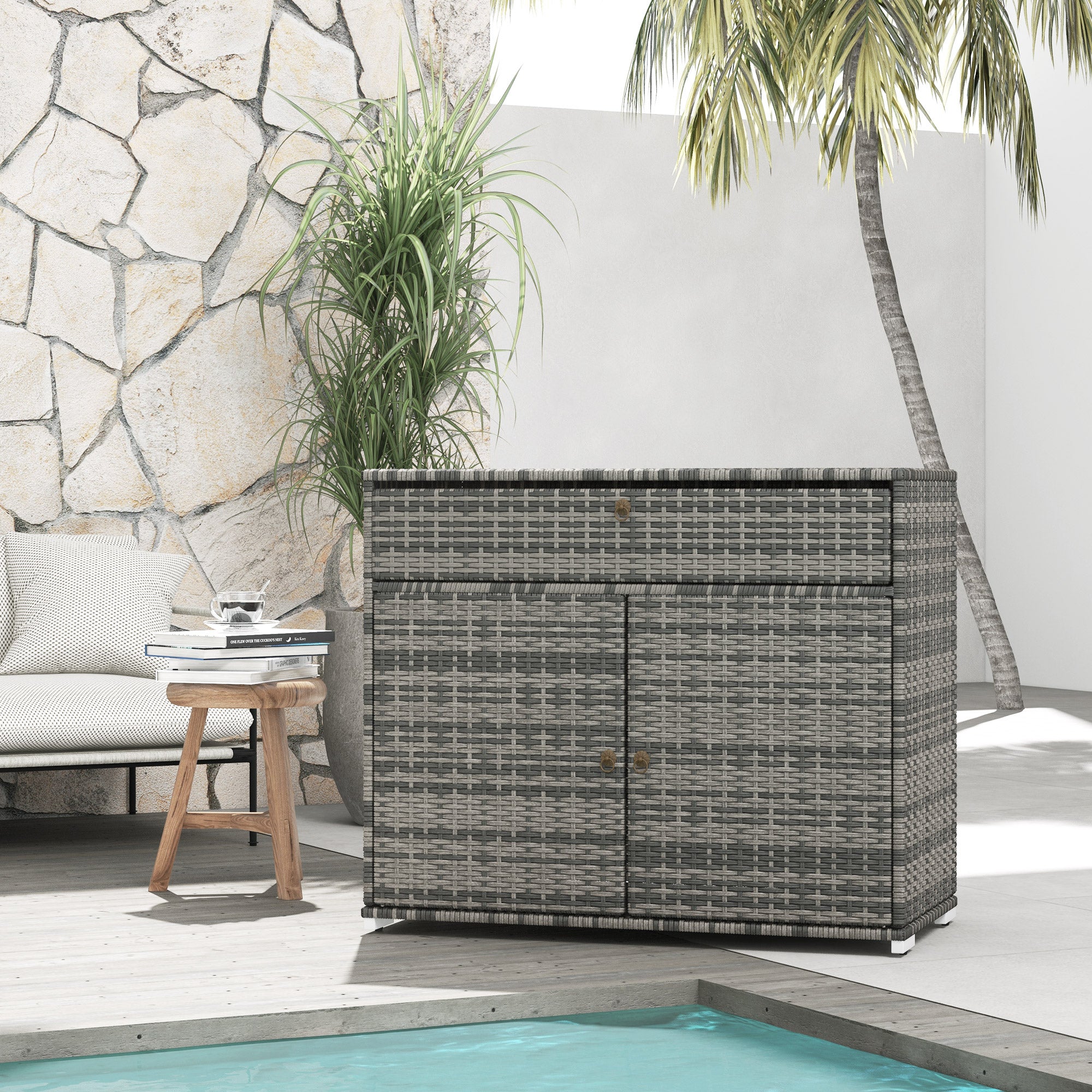 Outsunny Outdoor Storage Cabinet, Wicker 2-Door Pool Towel Storage Cabinet with Drawer, Freestanding PE Rattan Pool Organizer with Steel Frame for Garden, Porch, Patio, Grey