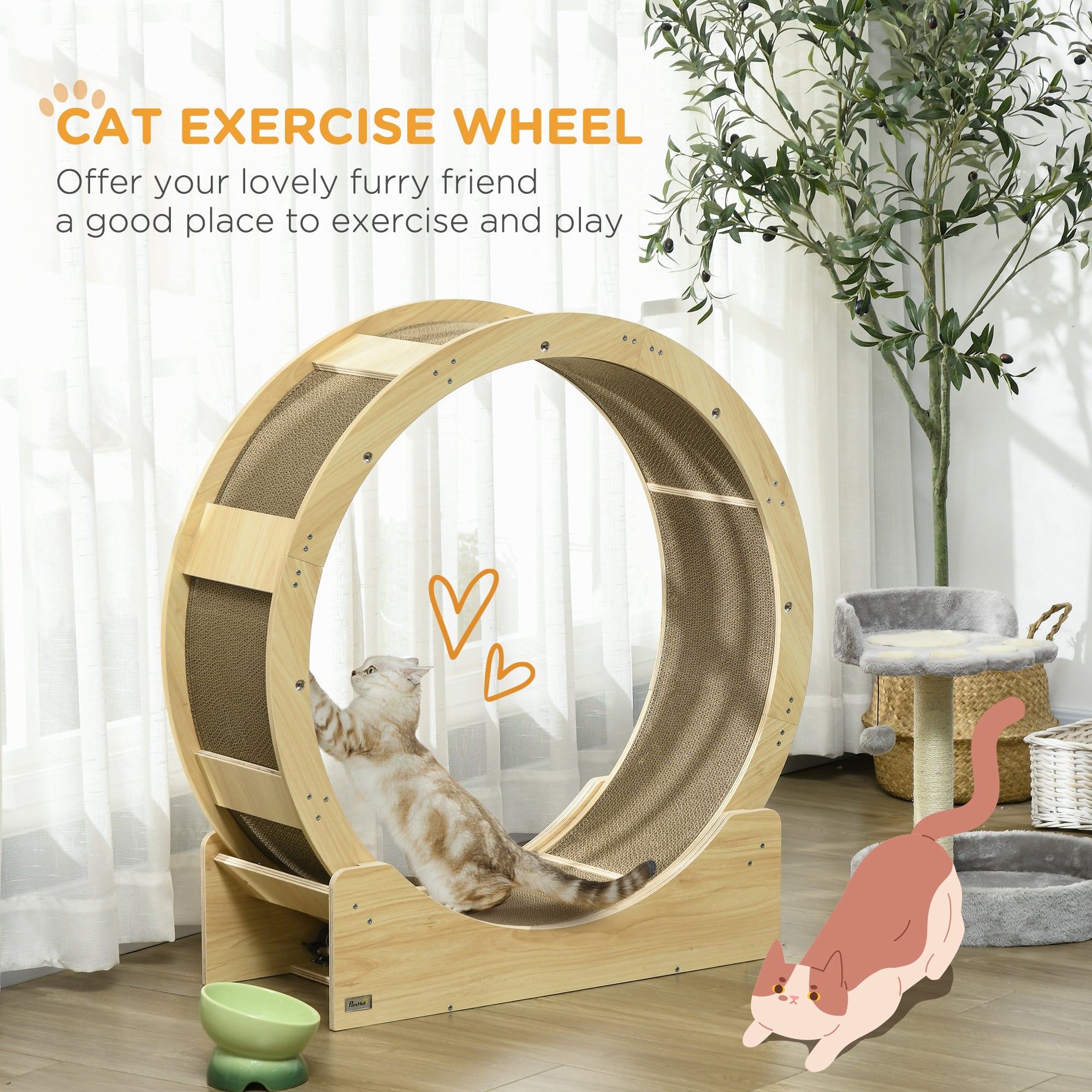 PawHut 36 Inch Cat Wheel Exerciser for Indoor Cats, Cat Treadmill with Carpeted Runway and Brake, Cat Running Toy for Fitness & Healthy, Oak
