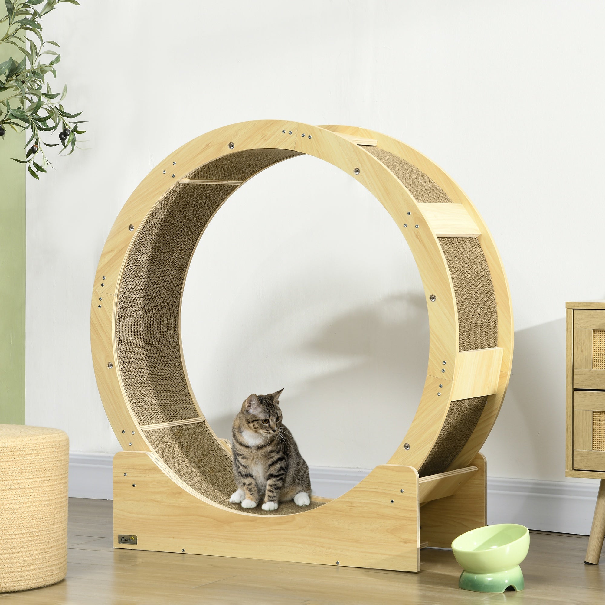 PawHut 36 Inch Cat Wheel Exerciser for Indoor Cats, Cat Treadmill with Carpeted Runway and Brake, Cat Running Toy for Fitness & Healthy, Oak