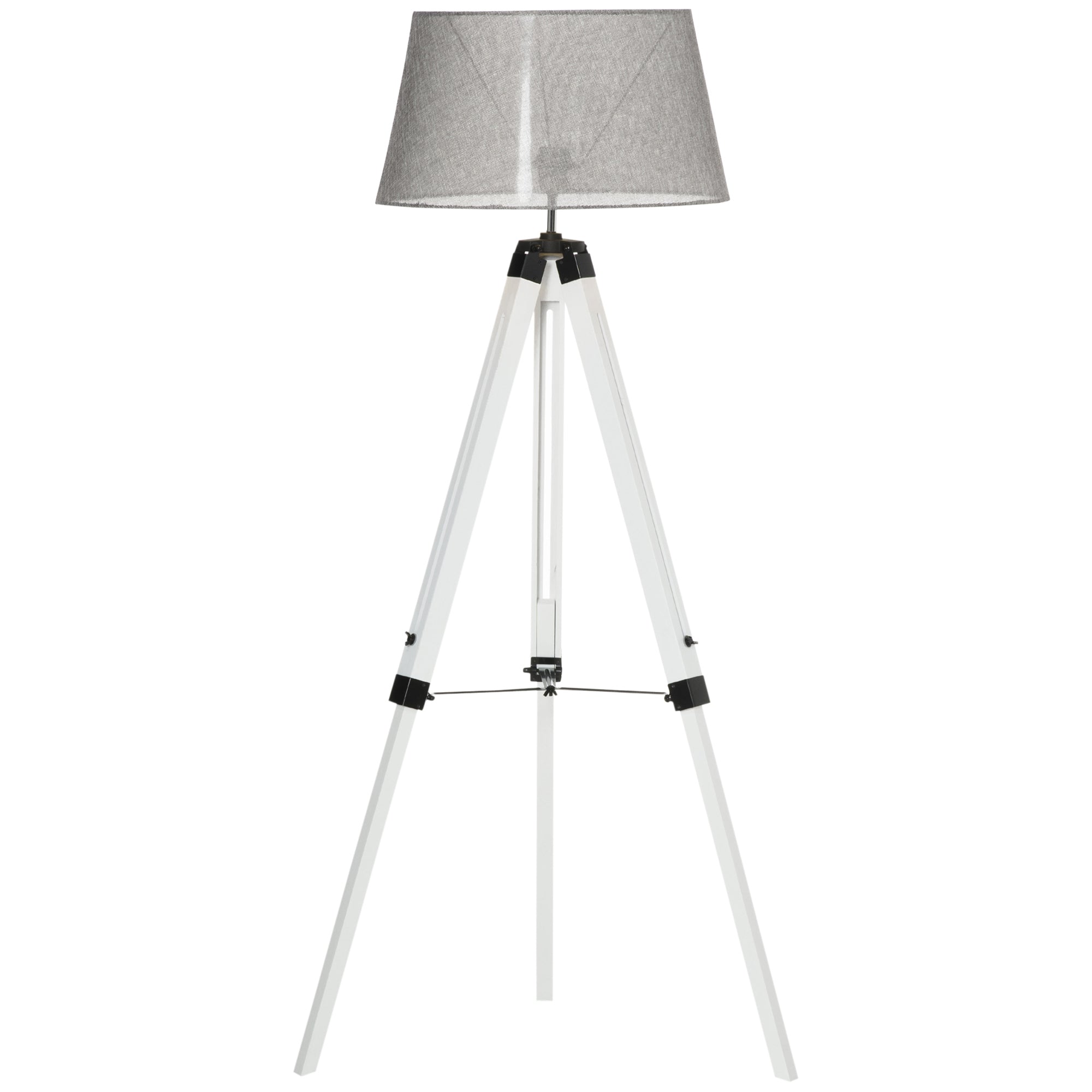 HOMCOM Tripod Floor Lamp, Adjustable Height Wooden Standing Lamp with E26 Lamp Base for Living Room, Bedroom, White and Grey