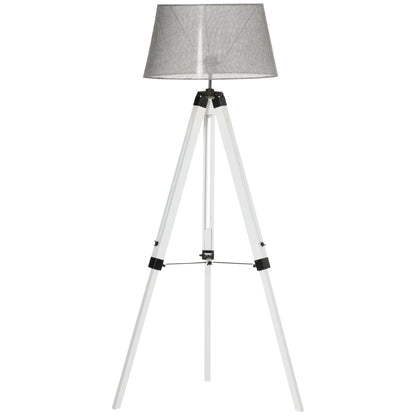 HOMCOM Tripod Floor Lamp, Adjustable Height Wooden Standing Lamp with E26 Lamp Base for Living Room, Bedroom, White and Grey