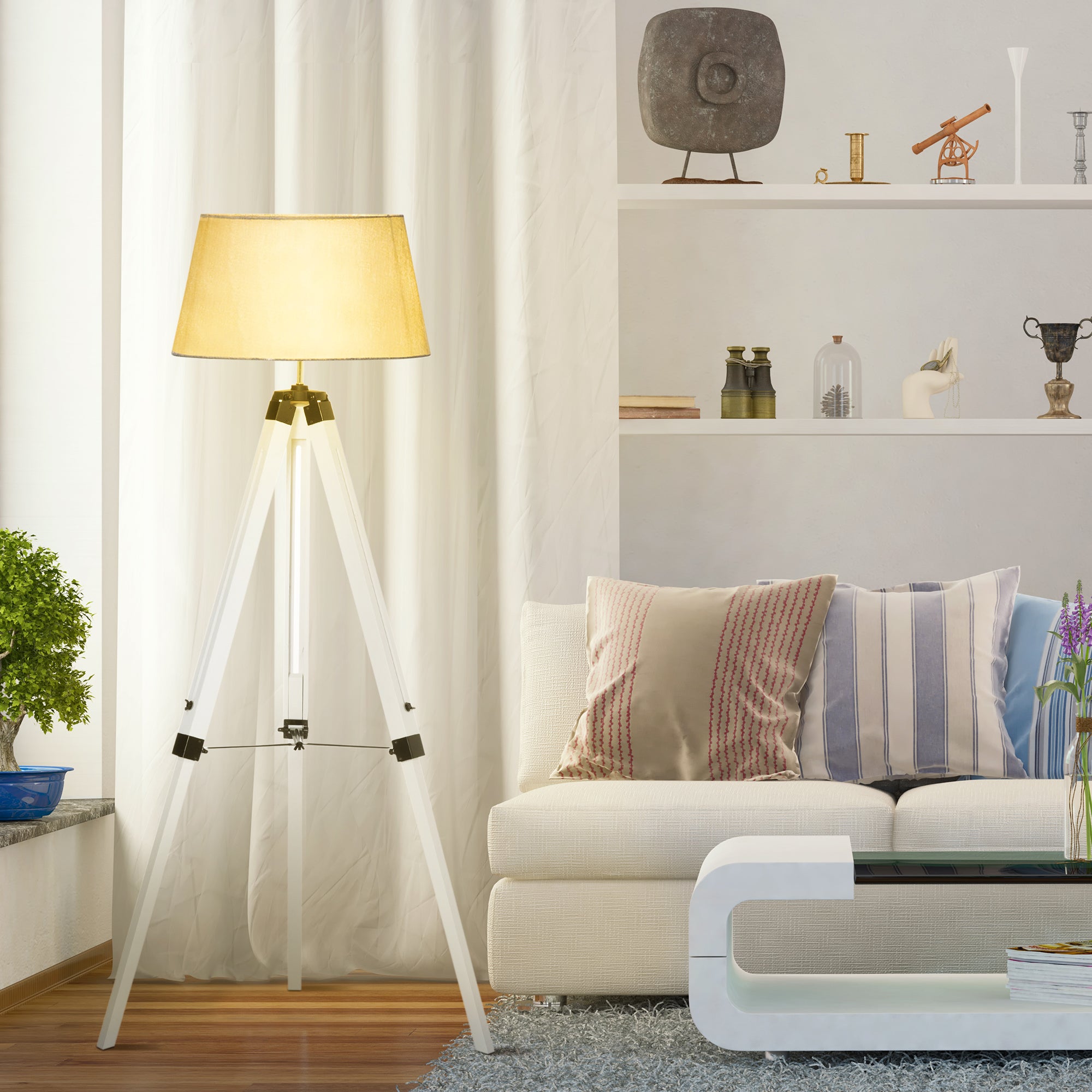 HOMCOM Tripod Floor Lamp, Adjustable Height Wooden Standing Lamp with E26 Lamp Base for Living Room, Bedroom, White and Grey
