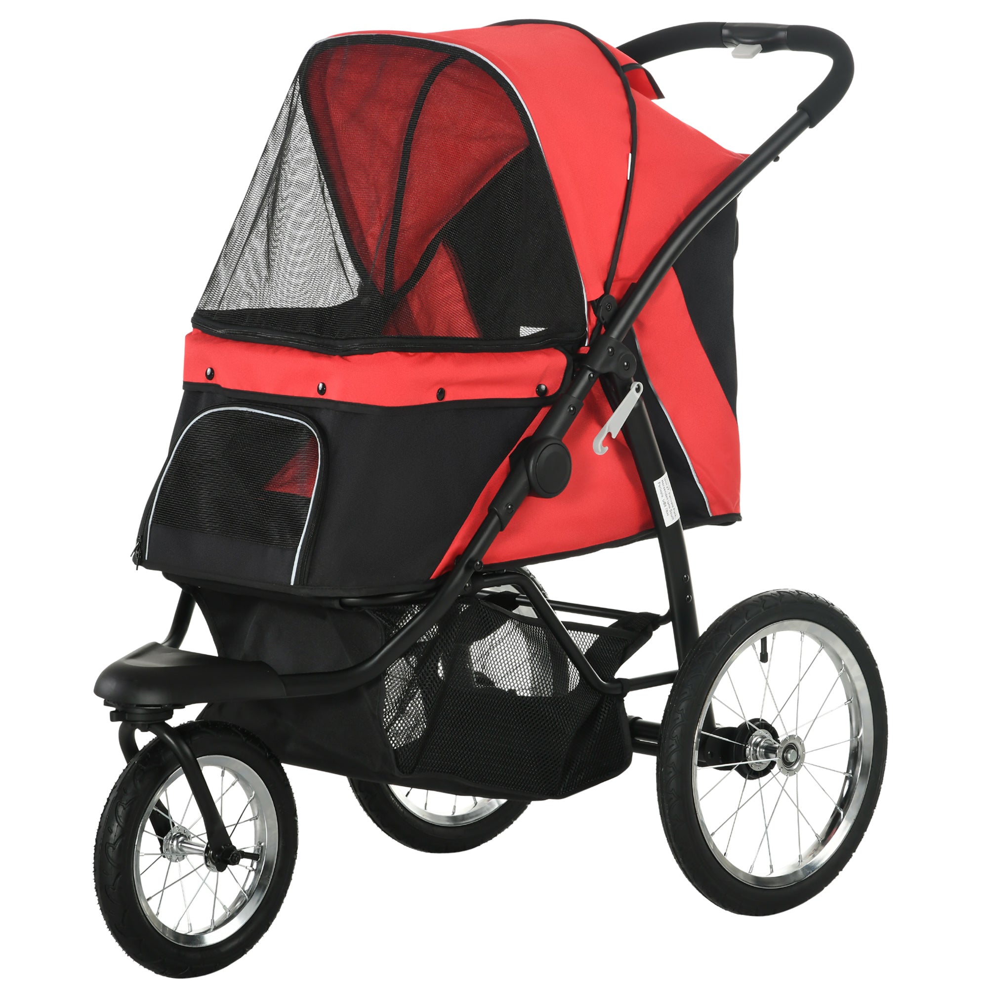 PawHut Pet Stroller for Small and Medium Dogs, 3 Big Wheels Cat Stroller Travel Folding Carrier with Adjustable Canopy, Safety Tether, Storage Basket, Red