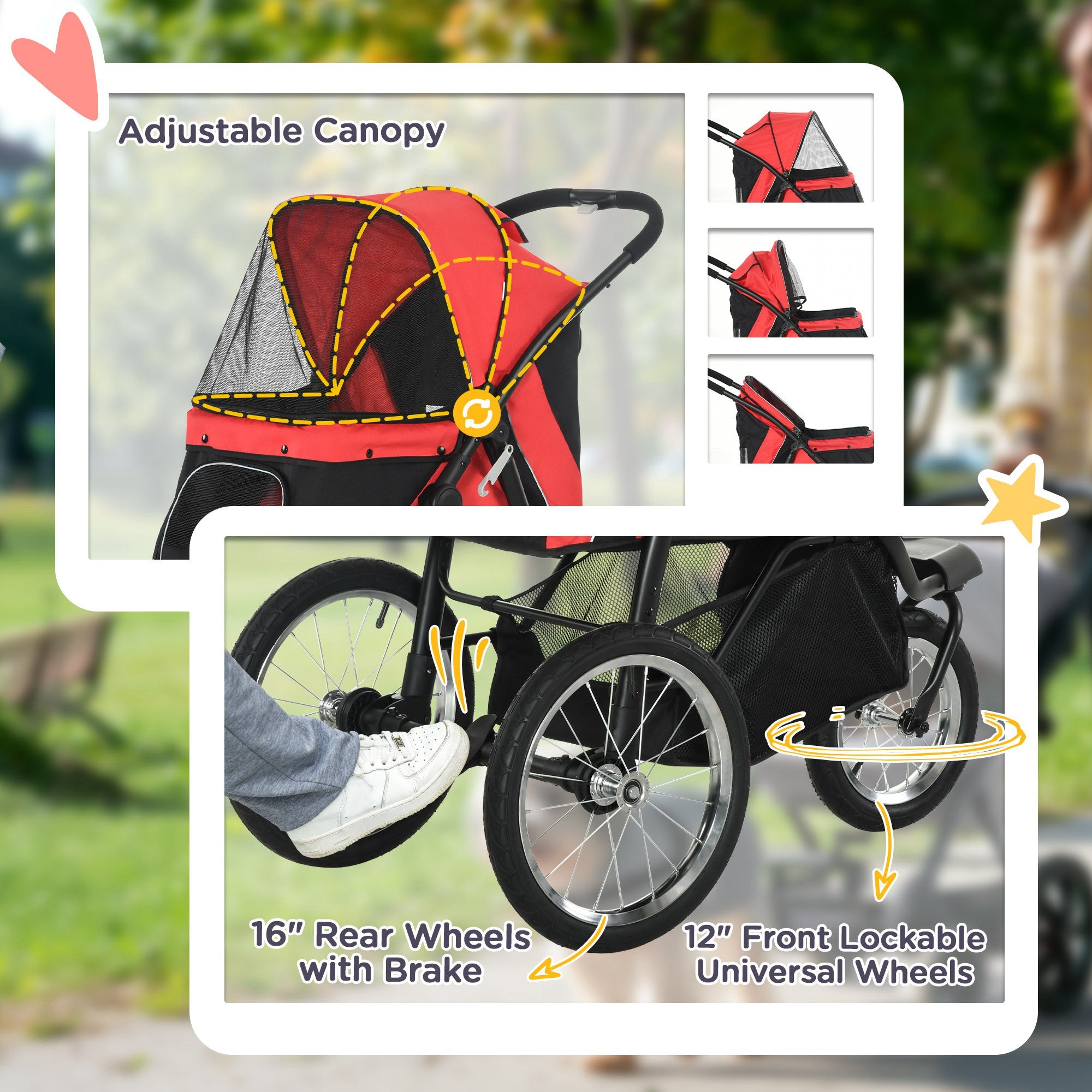 PawHut Pet Stroller for Small and Medium Dogs, 3 Big Wheels Cat Stroller Travel Folding Carrier with Adjustable Canopy, Safety Tether, Storage Basket, Red