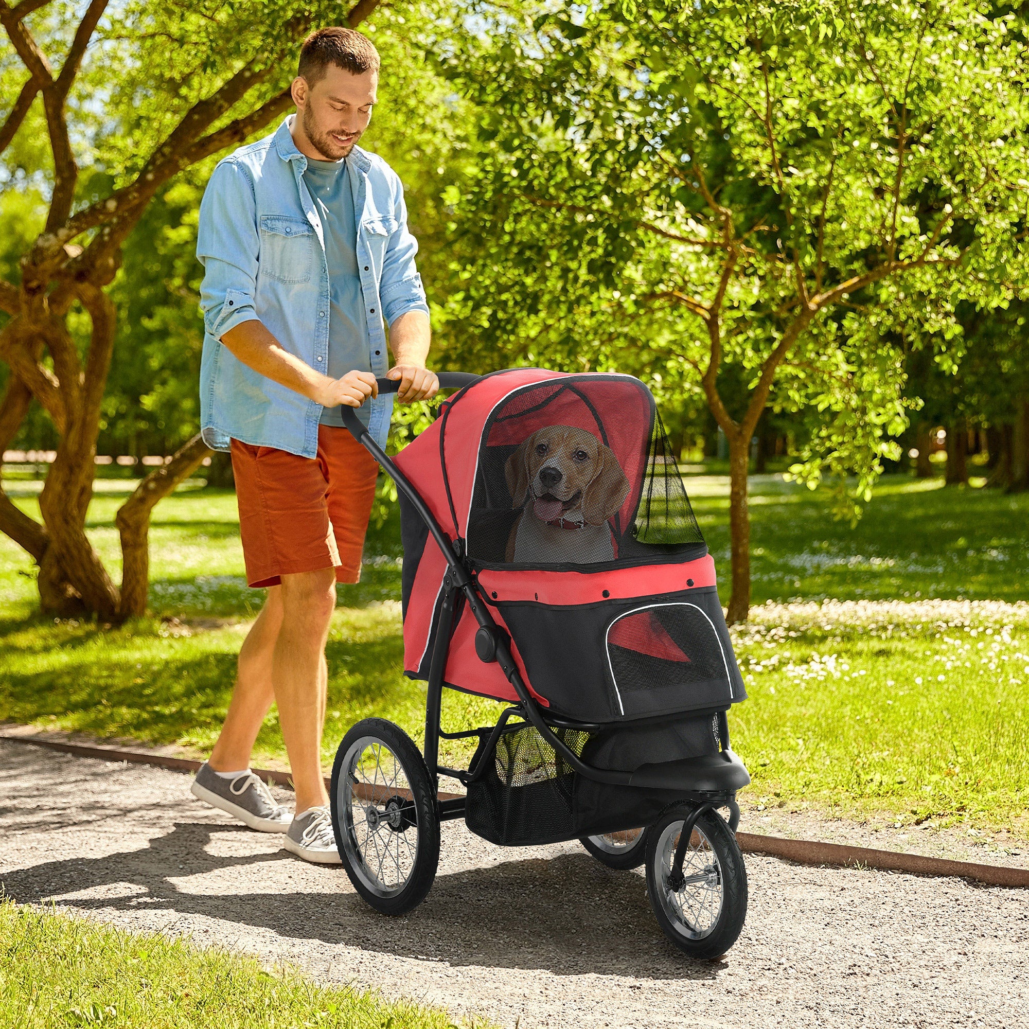 PawHut Pet Stroller for Small and Medium Dogs, 3 Big Wheels Cat Stroller Travel Folding Carrier with Adjustable Canopy, Safety Tether, Storage Basket, Red