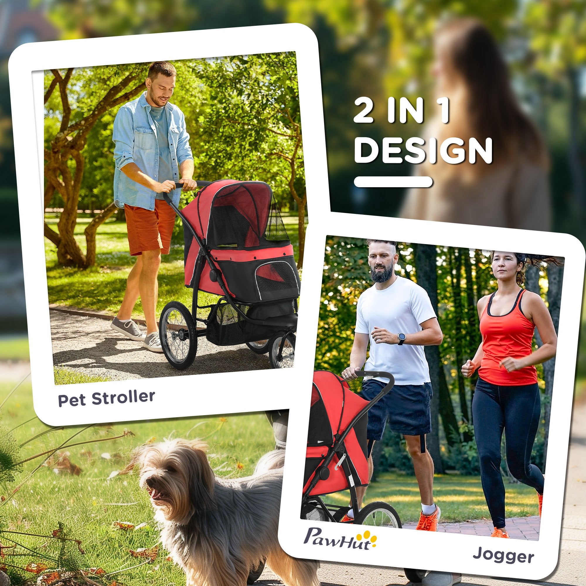 PawHut Pet Stroller for Small and Medium Dogs, 3 Big Wheels Cat Stroller Travel Folding Carrier with Adjustable Canopy, Safety Tether, Storage Basket, Red