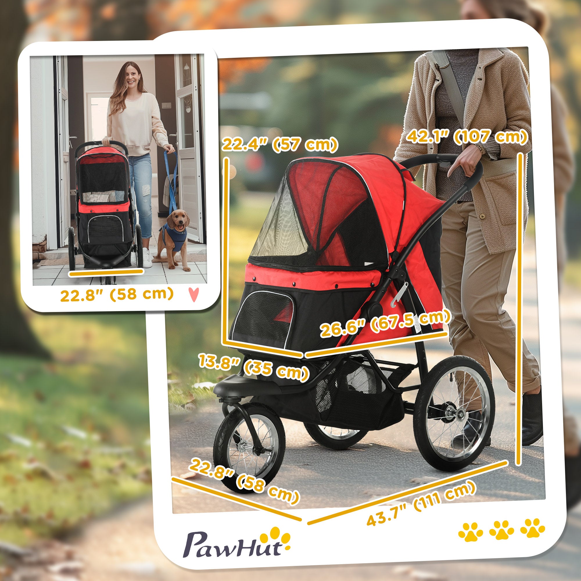 PawHut Pet Stroller for Small and Medium Dogs, 3 Big Wheels Cat Stroller Travel Folding Carrier with Adjustable Canopy, Safety Tether, Storage Basket, Red