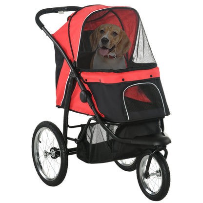 PawHut Pet Stroller for Small and Medium Dogs, 3 Big Wheels Cat Stroller Travel Folding Carrier with Adjustable Canopy, Safety Tether, Storage Basket, Red