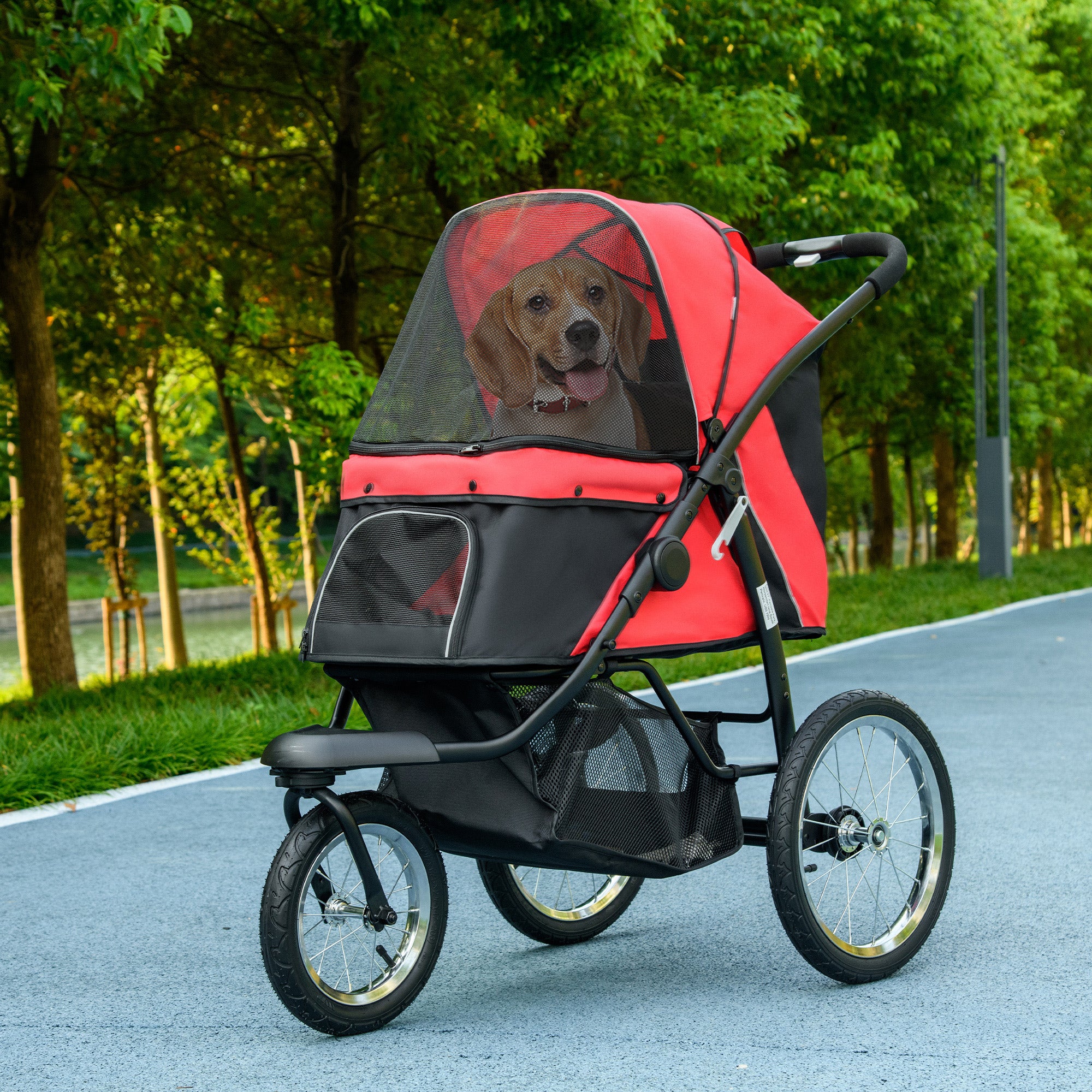PawHut Pet Stroller for Small and Medium Dogs, 3 Big Wheels Cat Stroller Travel Folding Carrier with Adjustable Canopy, Safety Tether, Storage Basket, Red