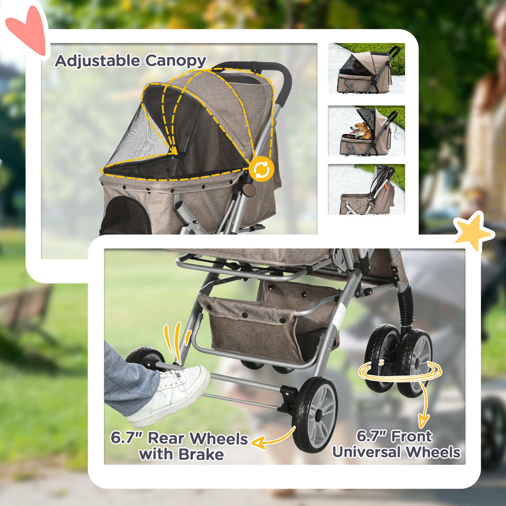 PawHut 4 Wheels Pet Stroller w/ Reversible Handle, Foldable Dog Cat Travel Carriage w/ EVA Wheels Basket Storage Bag 3-stage Canopy Brown