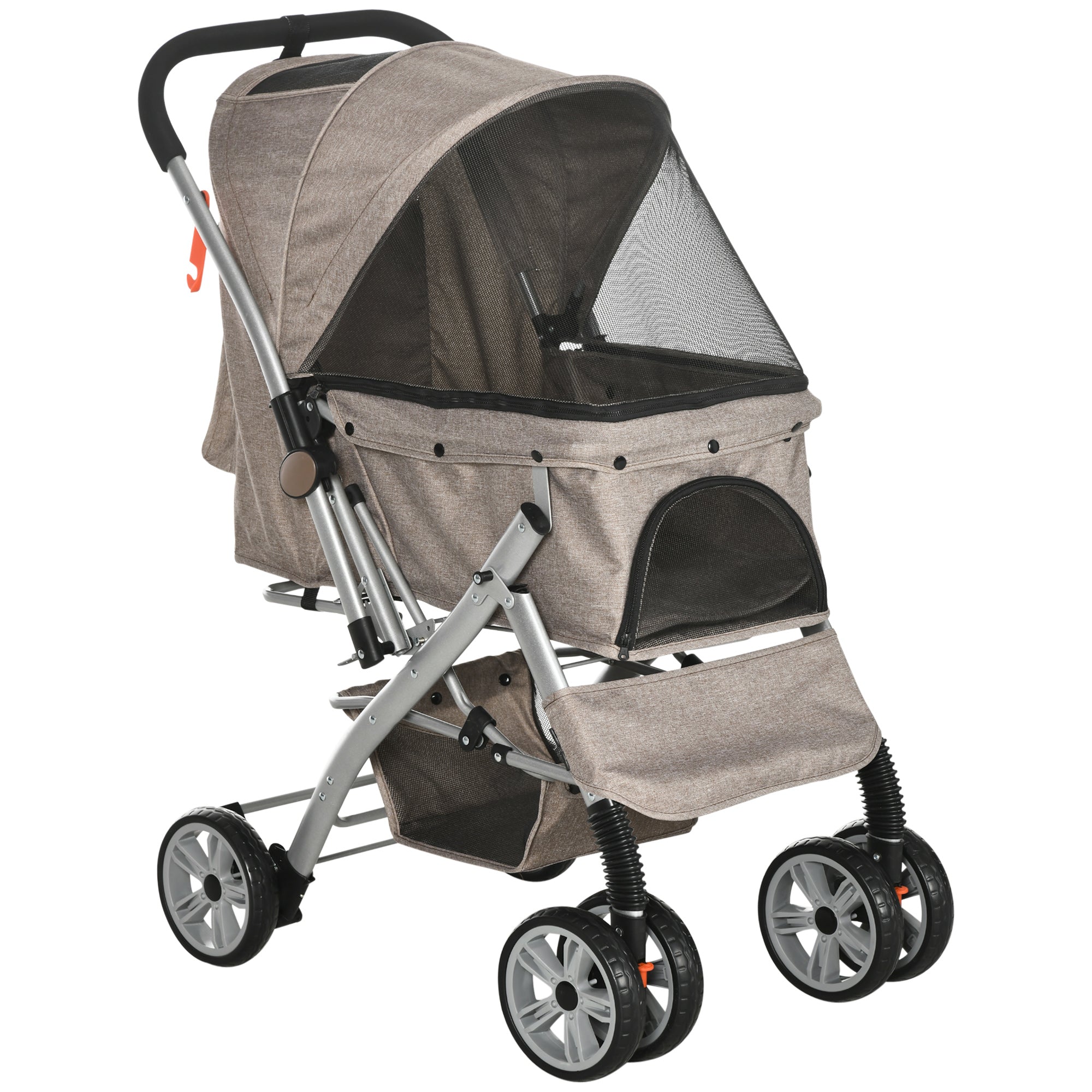 PawHut 4 Wheels Pet Stroller w/ Reversible Handle, Foldable Dog Cat Travel Carriage w/ EVA Wheels Basket Storage Bag 3-stage Canopy Brown