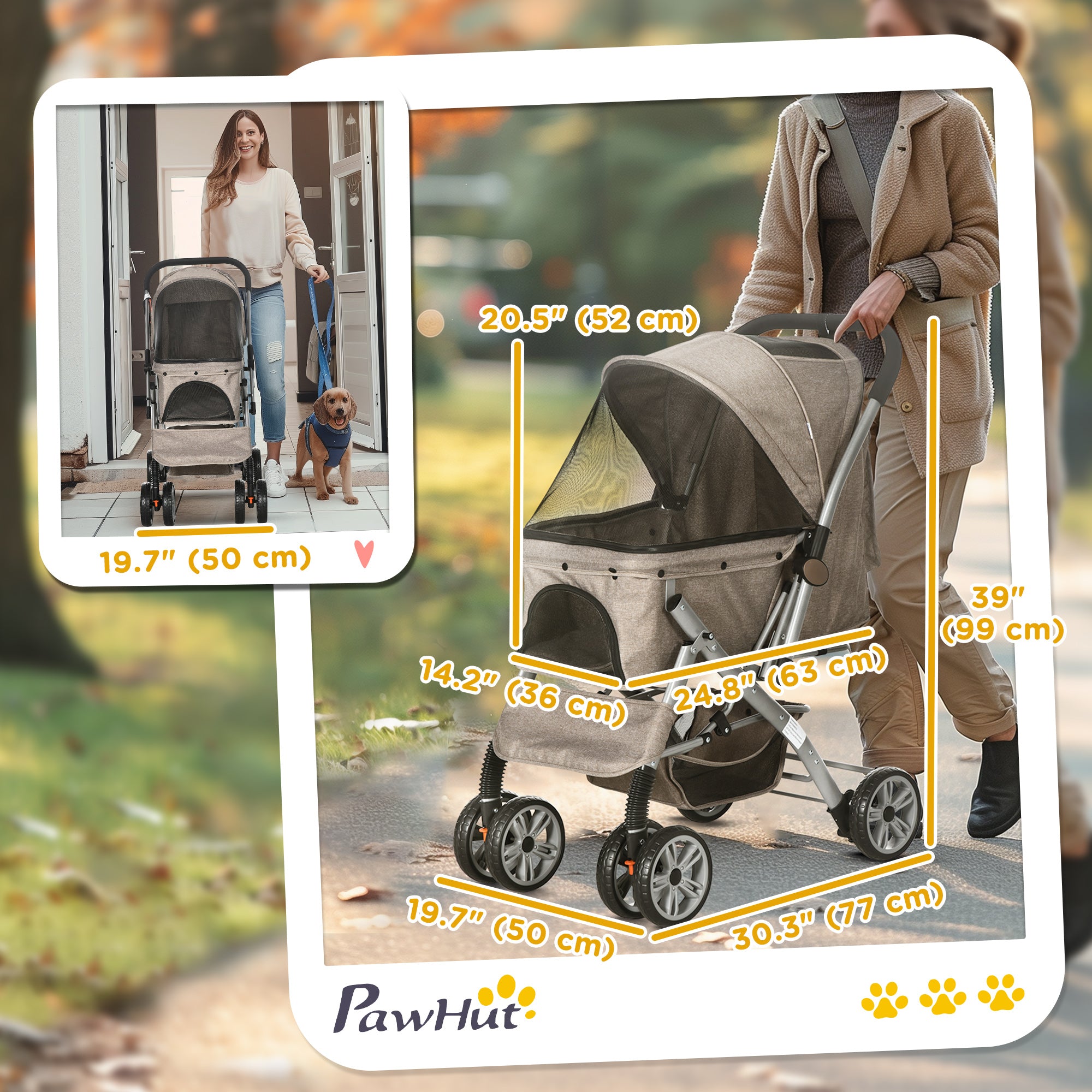 PawHut 4 Wheels Pet Stroller w/ Reversible Handle, Foldable Dog Cat Travel Carriage w/ EVA Wheels Basket Storage Bag 3-stage Canopy Brown