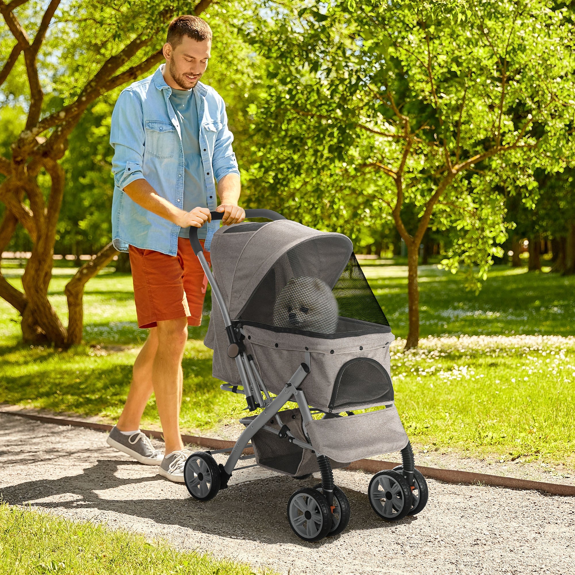 PawHut 4 Wheels Pet Stroller w/ Reversible Handle, Foldable Dog Cat Travel Carriage w/ EVA Wheels Basket Storage Bag 3-stage Canopy Brown