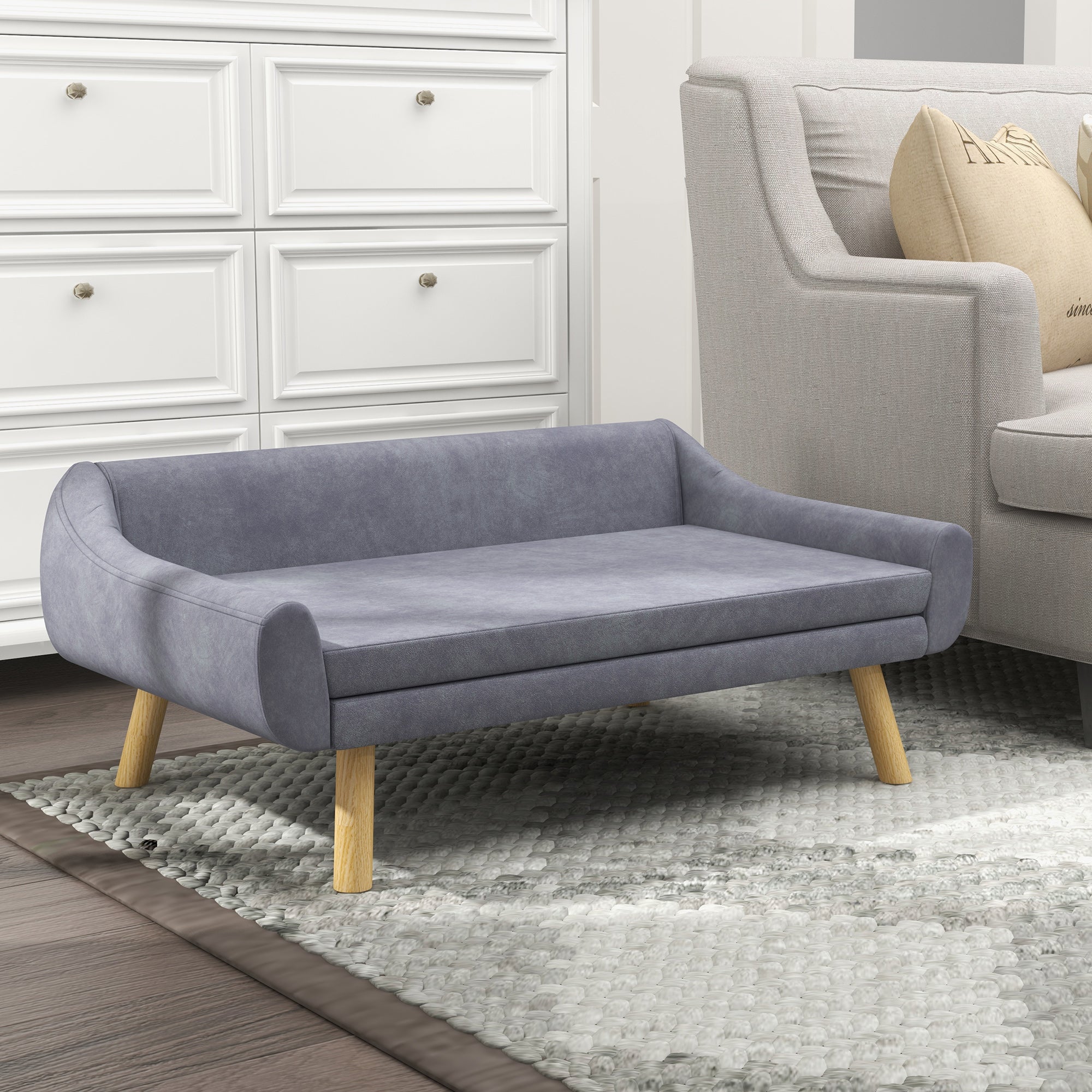 PawHut Dog Sofa Bed with Soft Cushion, Pet Couch with Wooden Frame, Removable and Washable Cover, for Medium and Large Dogs, Grey