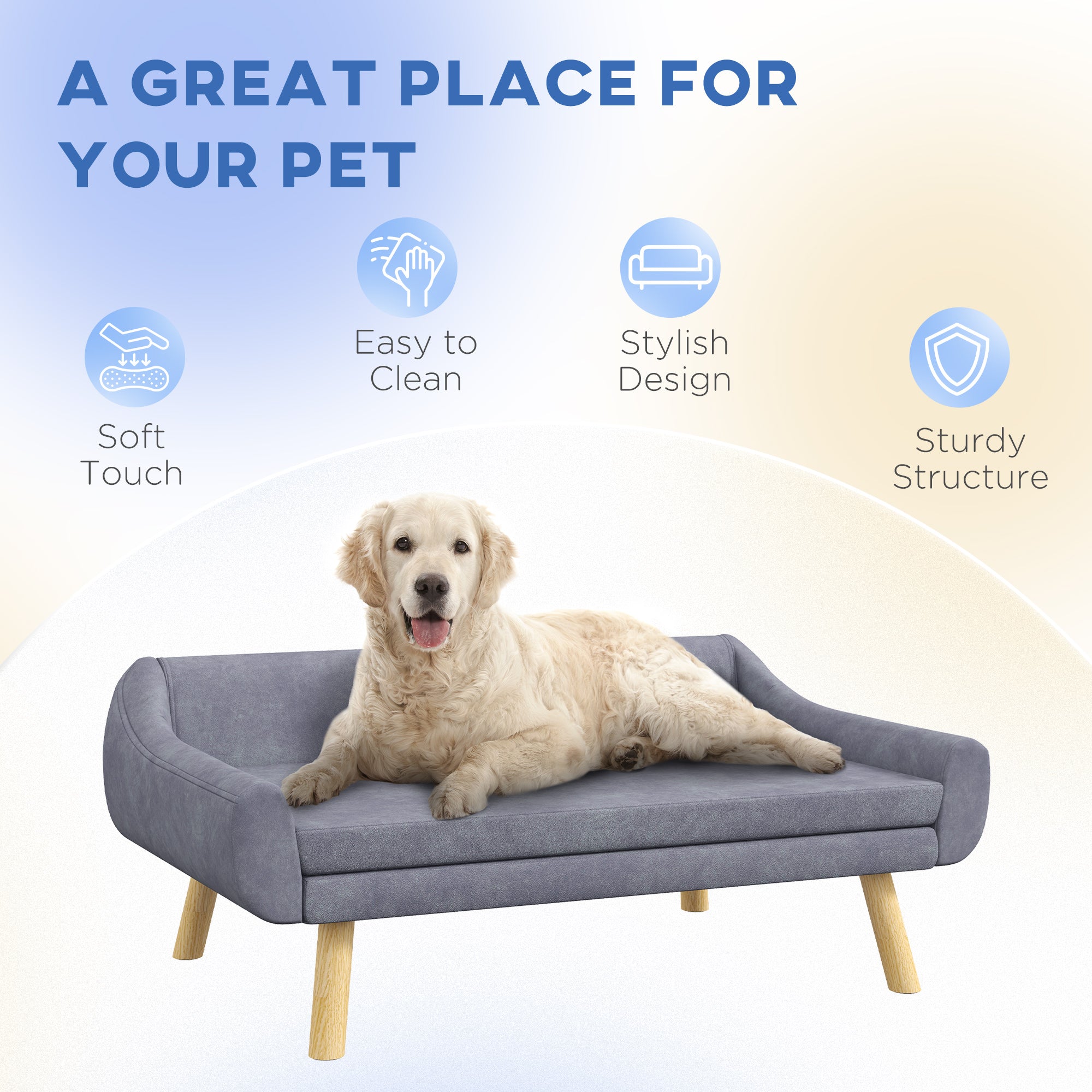 PawHut Dog Sofa Bed with Soft Cushion, Pet Couch with Wooden Frame, Removable and Washable Cover, for Medium and Large Dogs, Grey