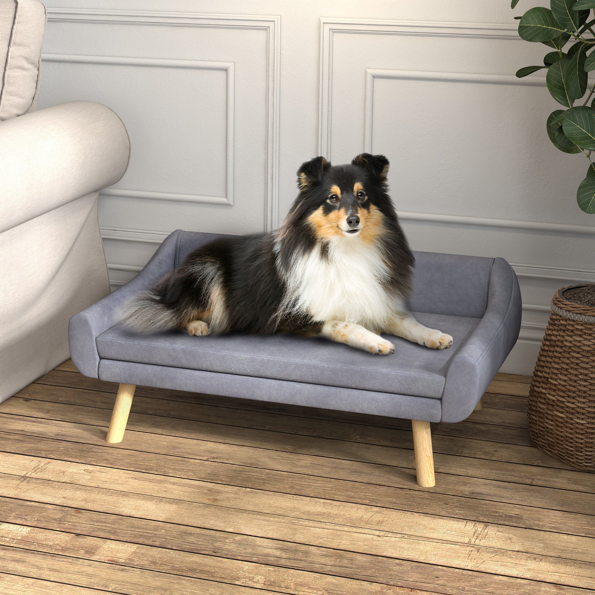PawHut Dog Sofa Bed with Soft Cushion, Pet Couch with Wooden Frame, Removable and Washable Cover, for Medium and Large Dogs, Grey