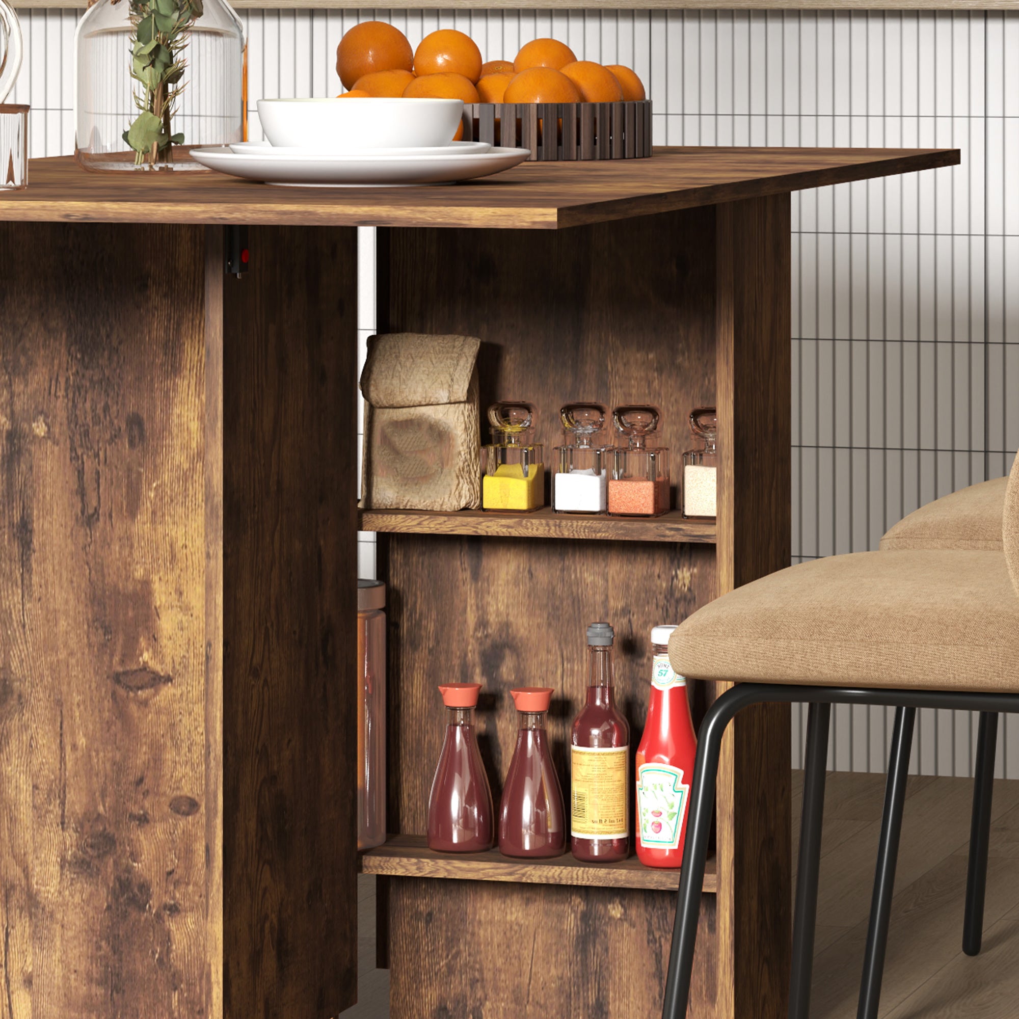 HOMCOM Folding Dining Table, Drop Leaf Table for Small Spaces with 2-tier Shelves, Small Kitchen Table with Rolling Casters, Rustic Brown