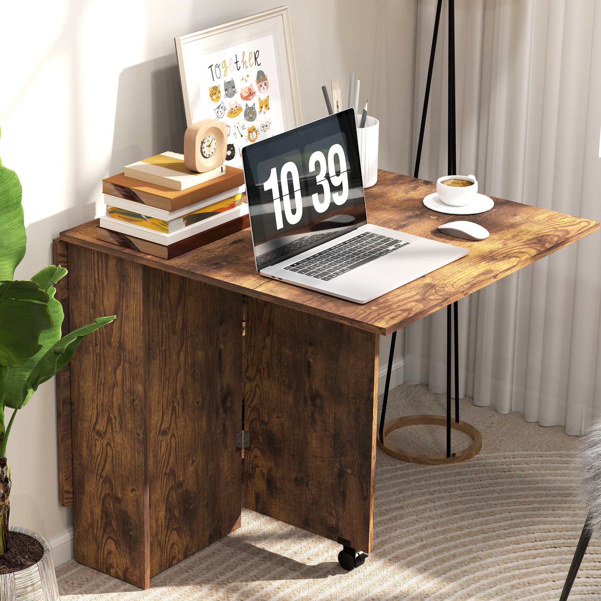 HOMCOM Folding Dining Table, Drop Leaf Table for Small Spaces with 2-tier Shelves, Small Kitchen Table with Rolling Casters, Rustic Brown