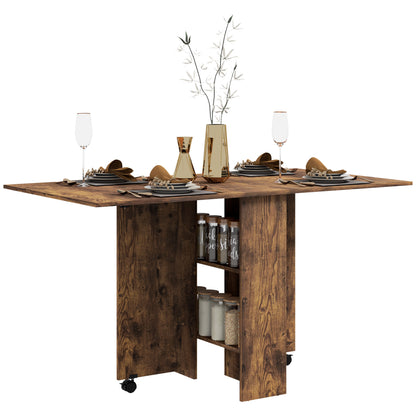 HOMCOM Folding Dining Table, Drop Leaf Table for Small Spaces with 2-tier Shelves, Small Kitchen Table with Rolling Casters, Rustic Brown