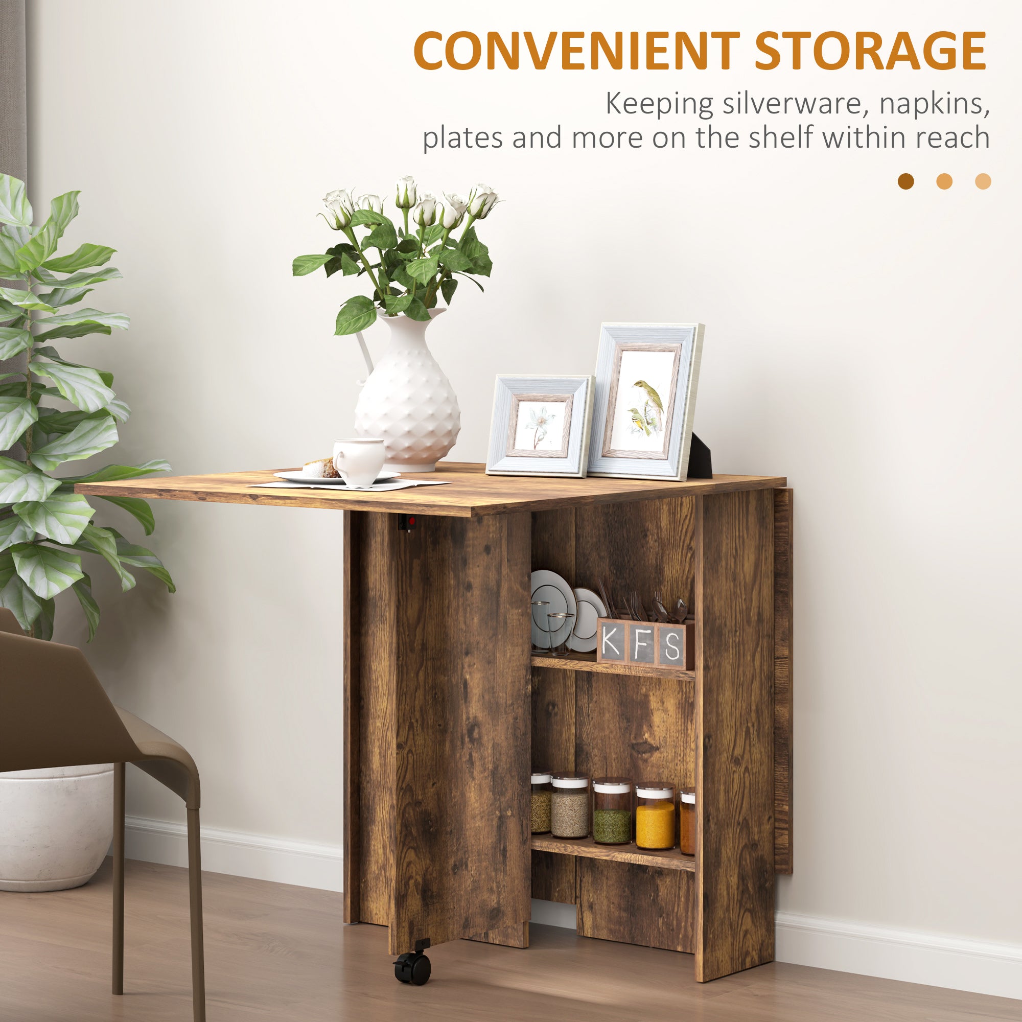 HOMCOM Folding Dining Table, Drop Leaf Table for Small Spaces with 2-tier Shelves, Small Kitchen Table with Rolling Casters, Rustic Brown