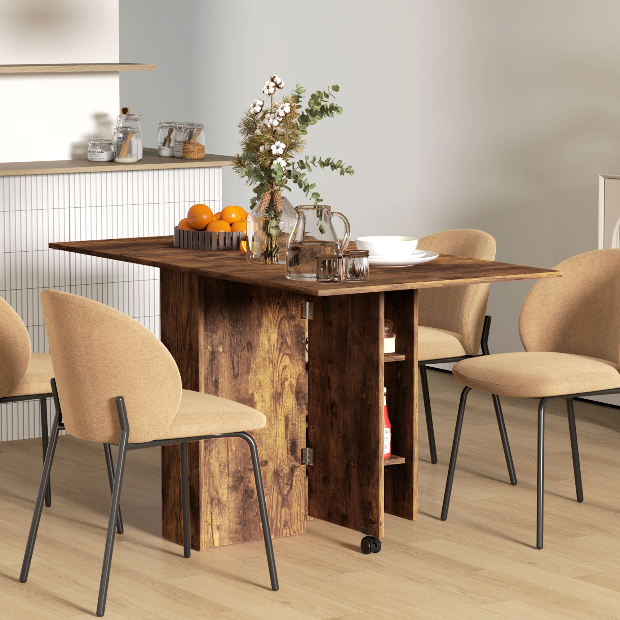 HOMCOM Folding Dining Table, Drop Leaf Table for Small Spaces with 2-tier Shelves, Small Kitchen Table with Rolling Casters, Rustic Brown